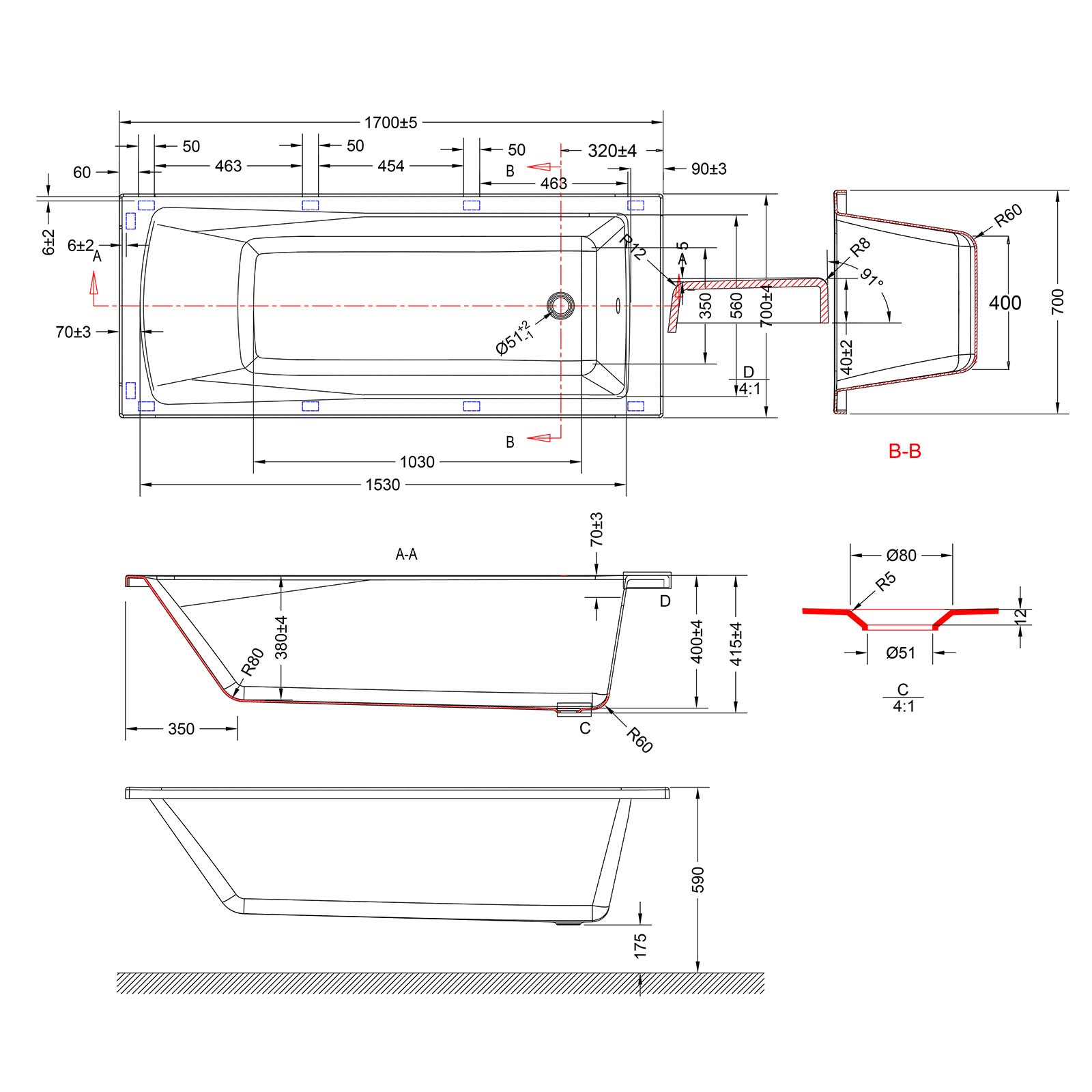 1700mm Square Bath, Square 800mm Bath Screen with Towel Bar