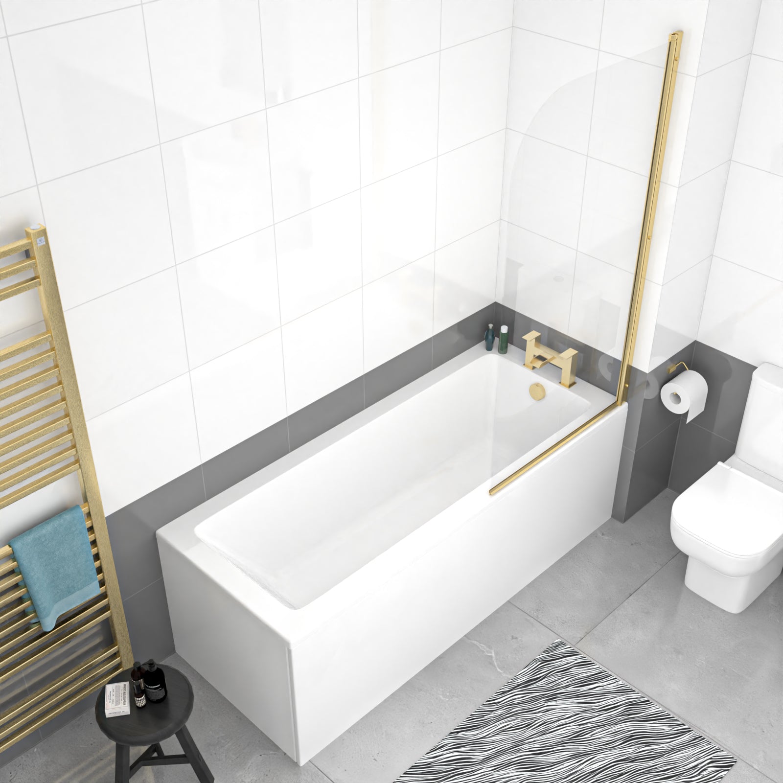 1700mm Square Bath with Legs and Brushed Brass Frame Curved Bath Screen