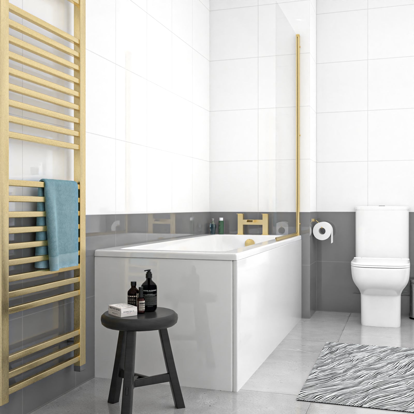 1700mm Square Bath with Legs and Brushed Brass Frame Square Bath Screen