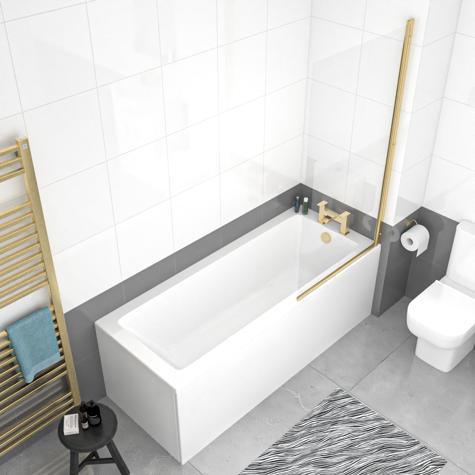 1700mm Square Bath with Legs and Brushed Brass Frame Square Bath Screen