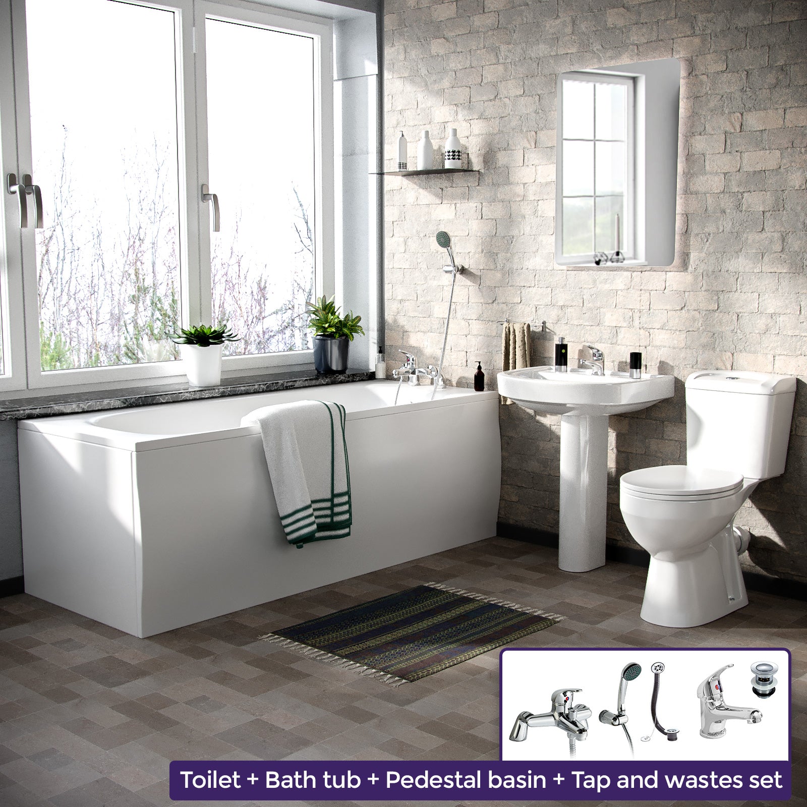 Bath Basin Sink 1700mm Pedestal WC Toilet & Tap Set Bathroom Suite