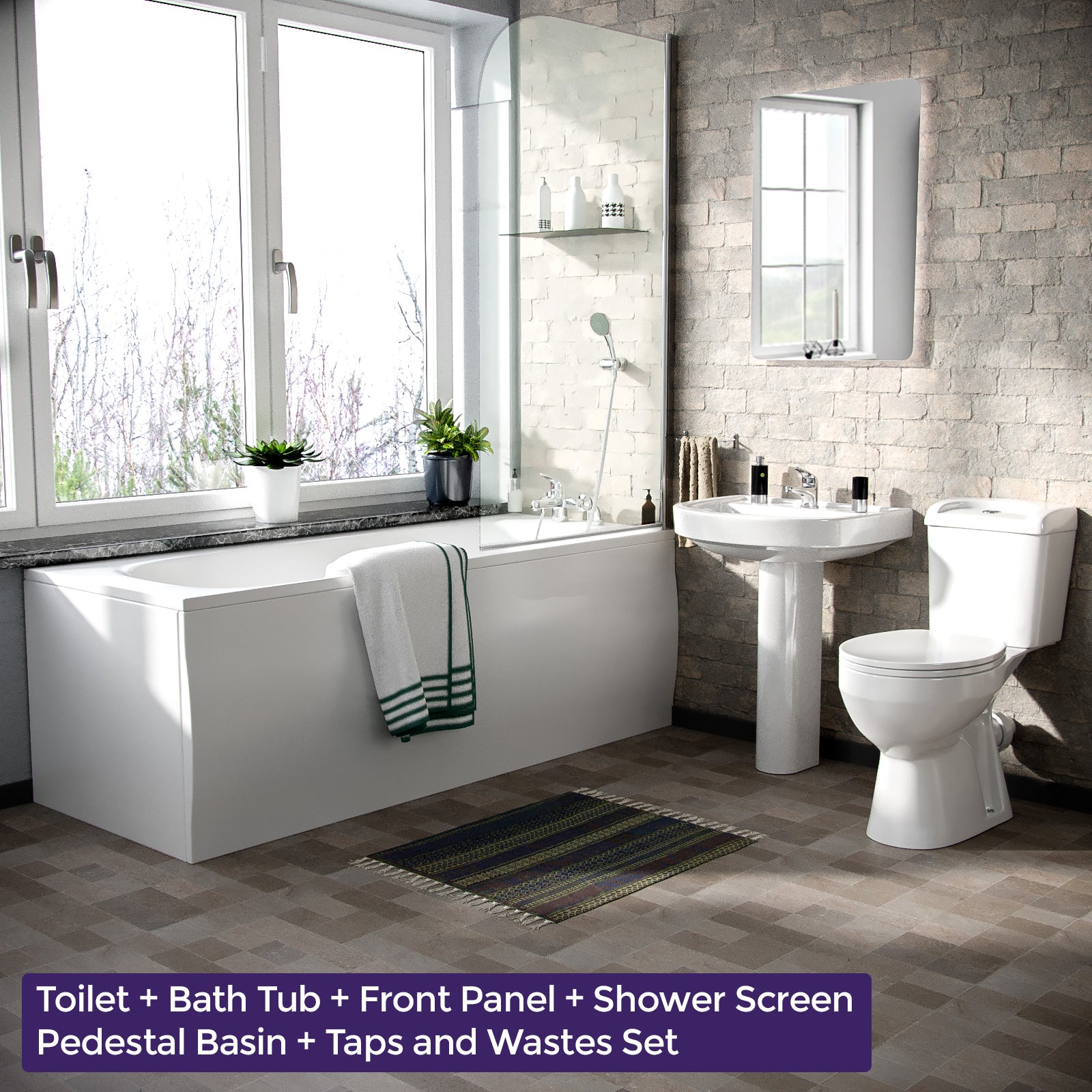 Bath Basin 1700mm Pedastal WC Toilet & Tap Set Complete Suite