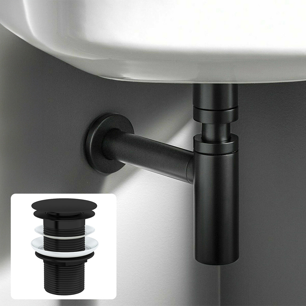 Balti Universal Bathroom Basin Bottle Trap & Unslotted Waste Matte Black