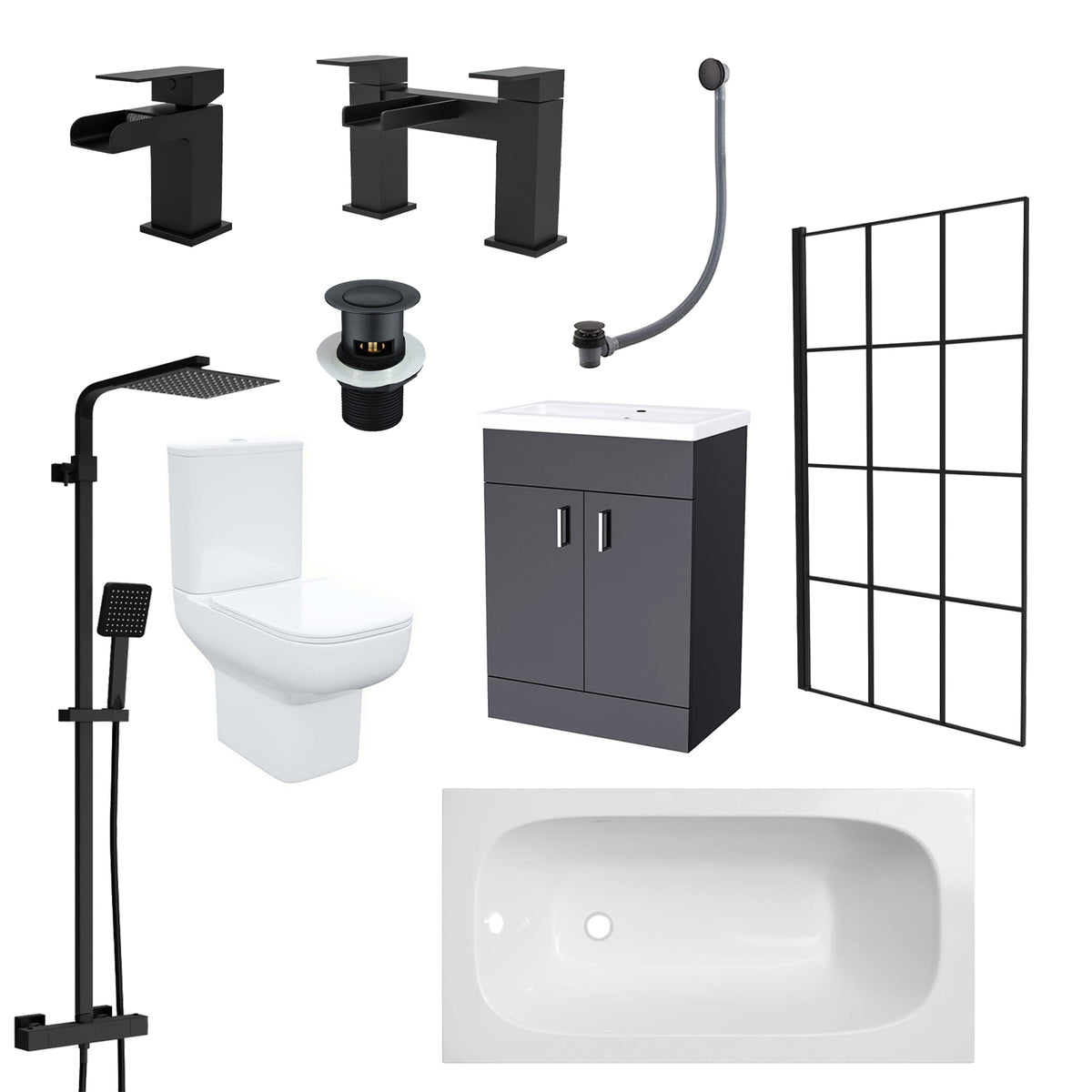 1400mm Round Bath with Grid Screen, Exposed Shower, Vanity with Toilet & Taps
