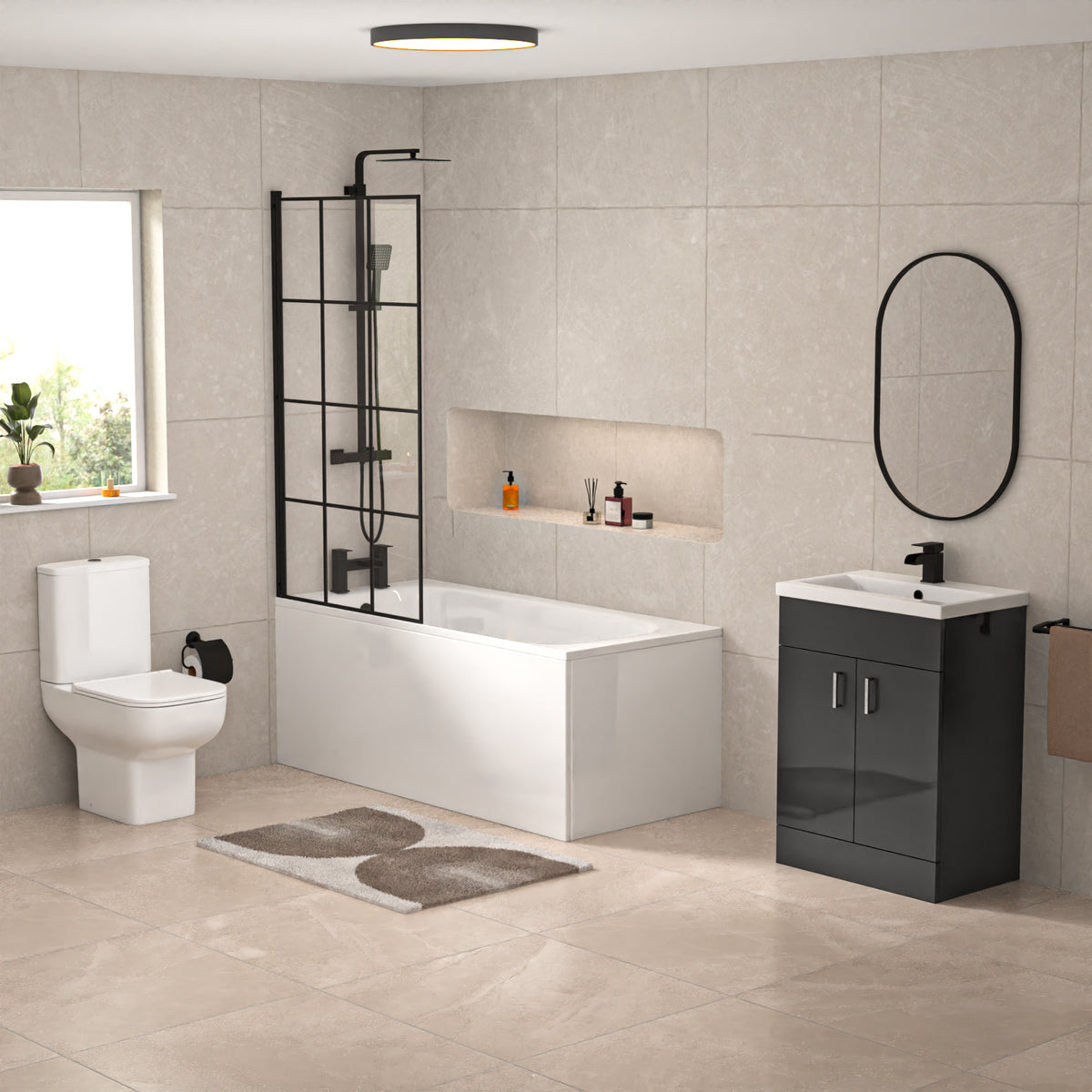 1500mm Round Bath with Grid Screen, Exposed Shower, Vanity with Toilet & Taps