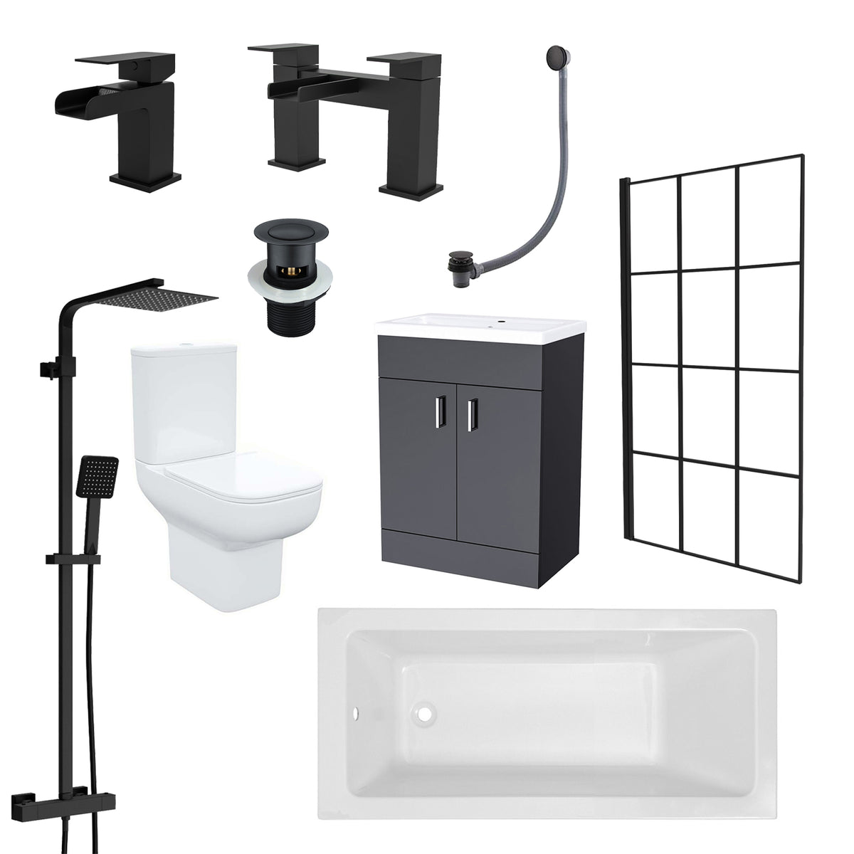 1500mm Square Bath with Grid Screen, Exposed Shower, Vanity with Toilet & Taps