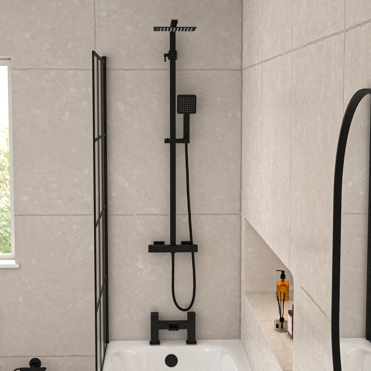 1400mm Square Bath with Grid Screen, Exposed Shower, Vanity with Toilet & Taps