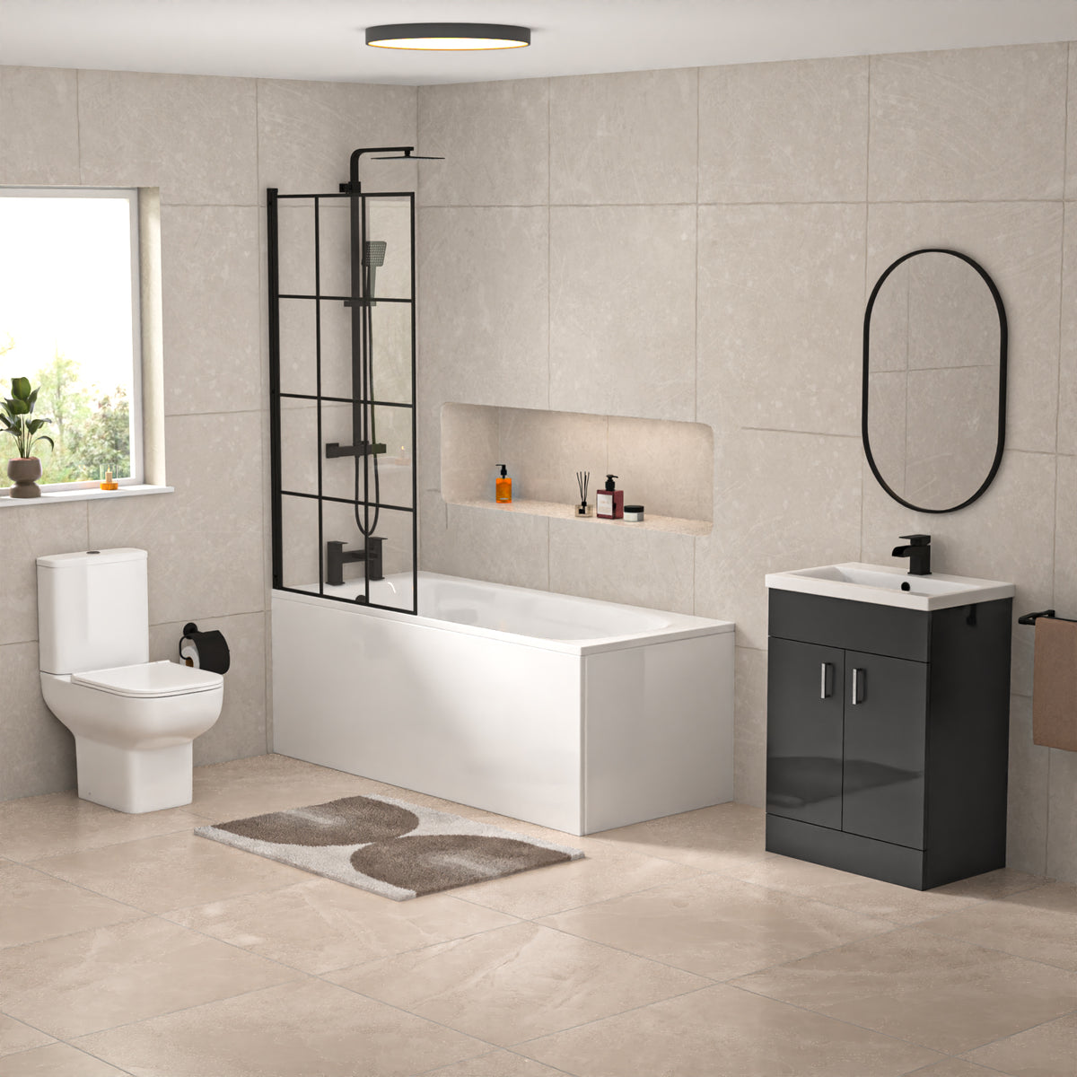 1600mm Round Bath with Grid Screen, Exposed Shower, Vanity with Toilet & Taps