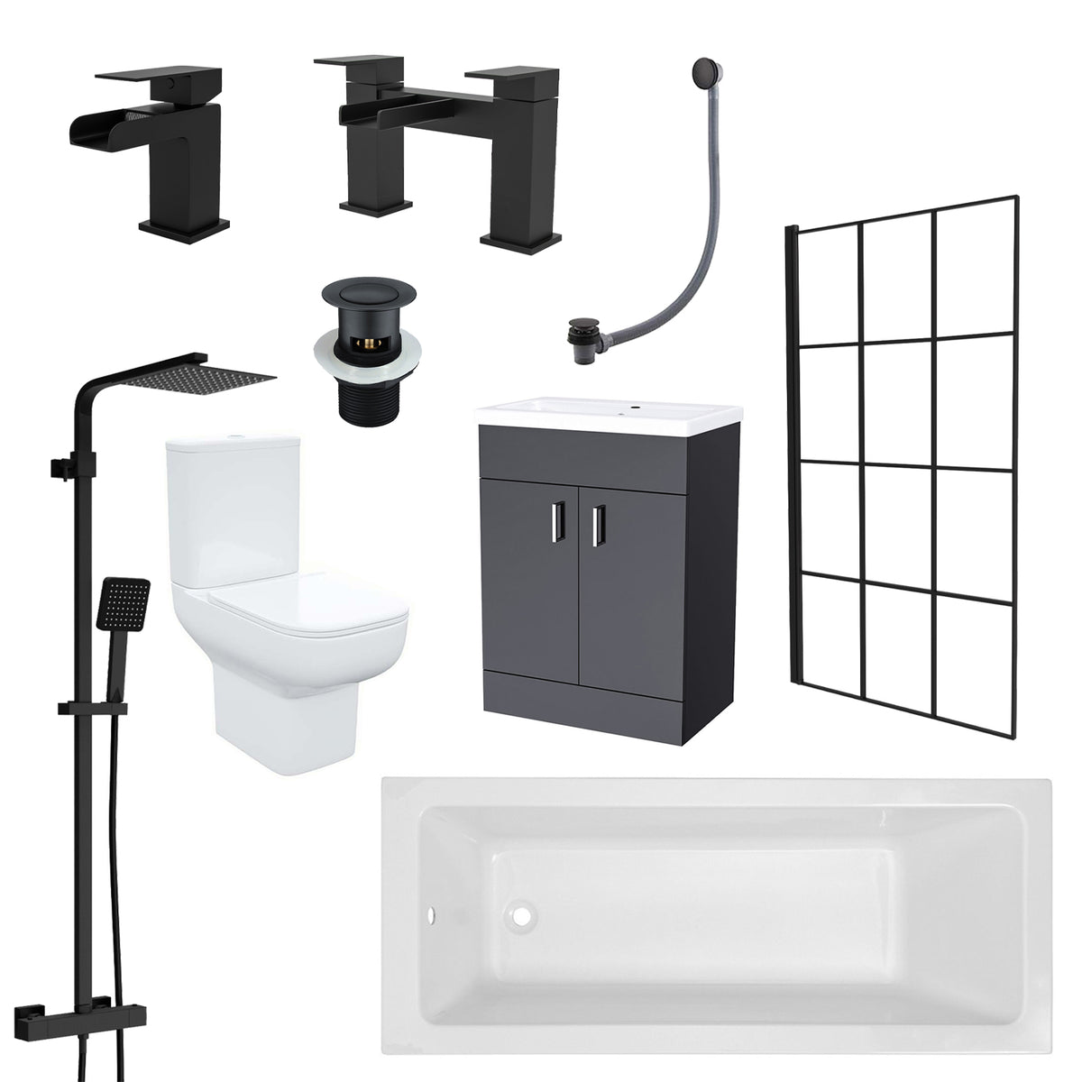 1600mm Square Bathtub with Grid Screen, Exposed Shower, Vanity with Toilet & Taps