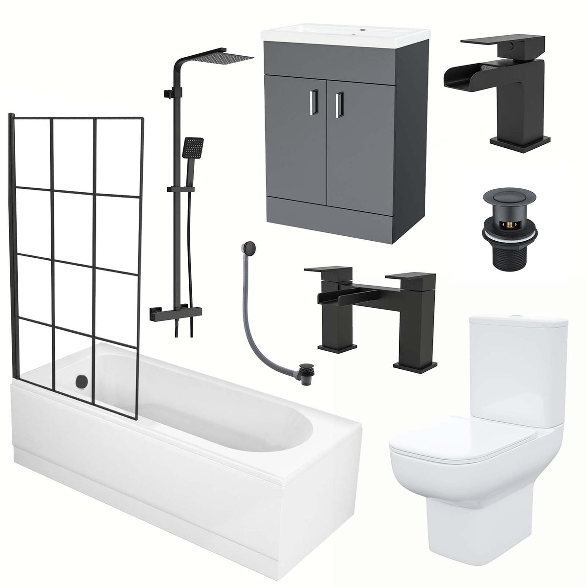 1600mm Round Bath with Grid Screen, Exposed Shower, Vanity with Toilet & Taps