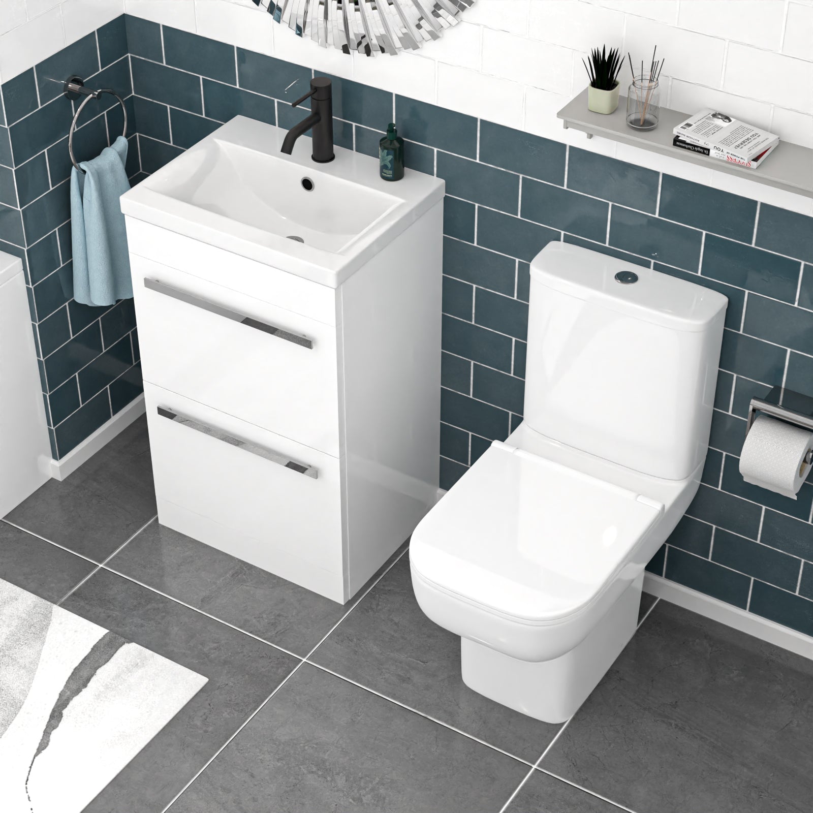 Nanuya White 500mm 2 Drawers Basin Vanity and Close Coupled Toilet