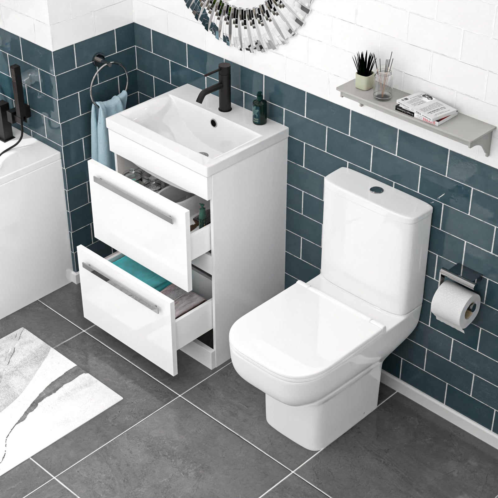 Nanuya White 500mm 2 Drawers Basin Vanity and Close Coupled Toilet
