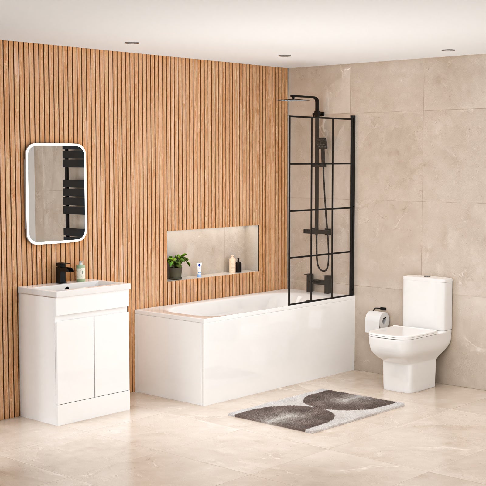 Alaska Bath Screen Shower White Doors Vanity Toilet Matte Black Taps