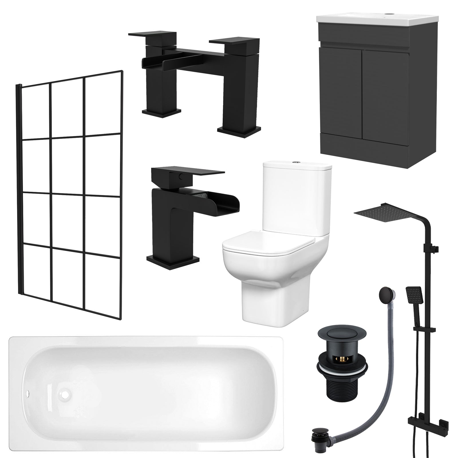 Nanuya Bathtub Shower Screen Dark Grey Basin Vanity Toilet Matte Black Taps