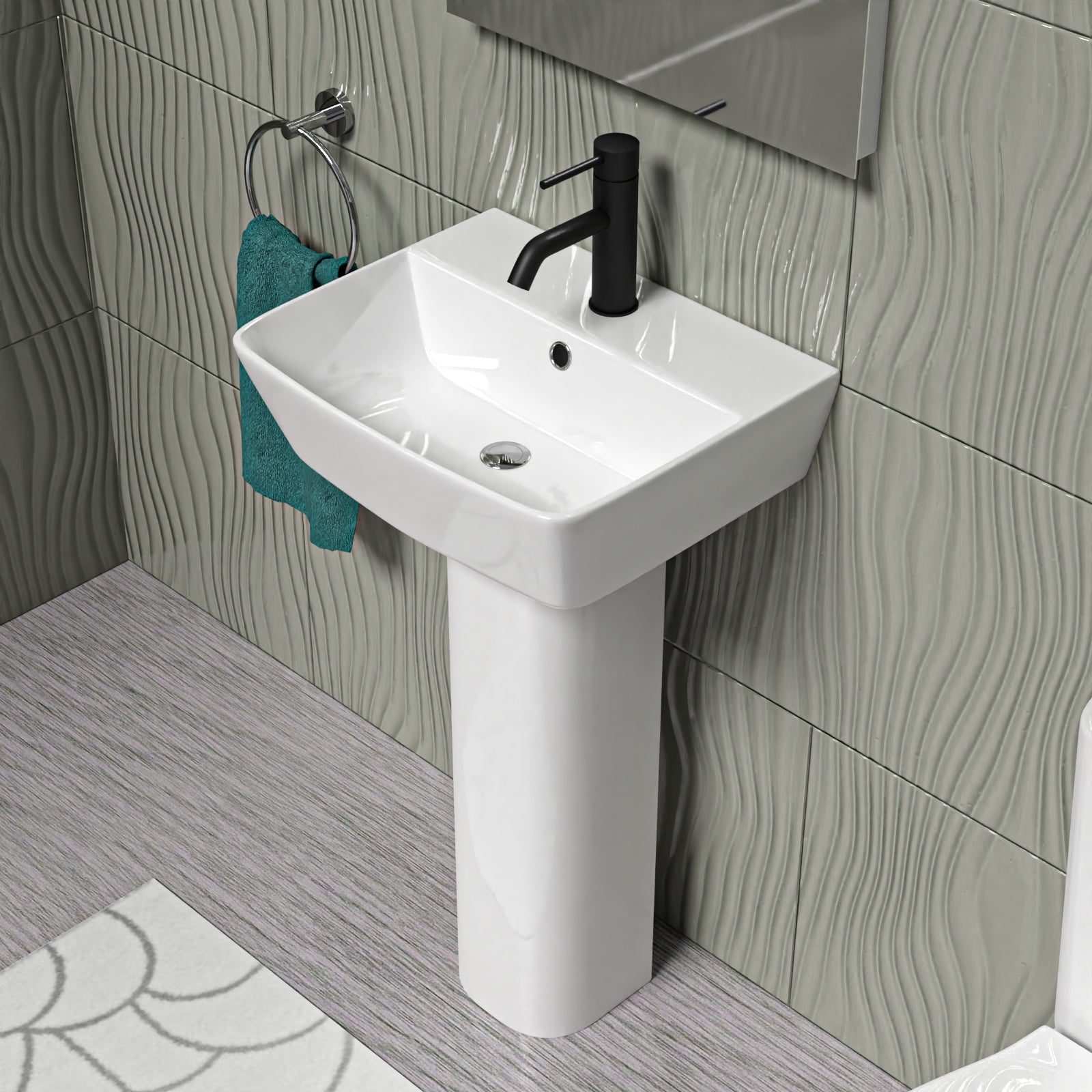 White 450mm Square Modern Full Pedestal Basin