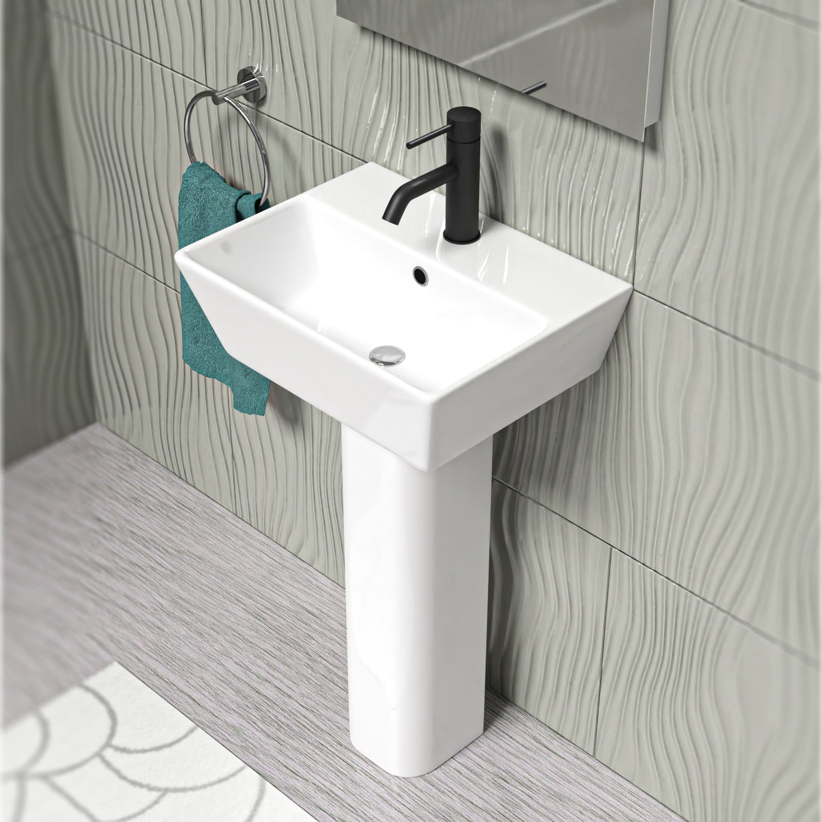 White 450mm Square Modern Full Pedestal Basin