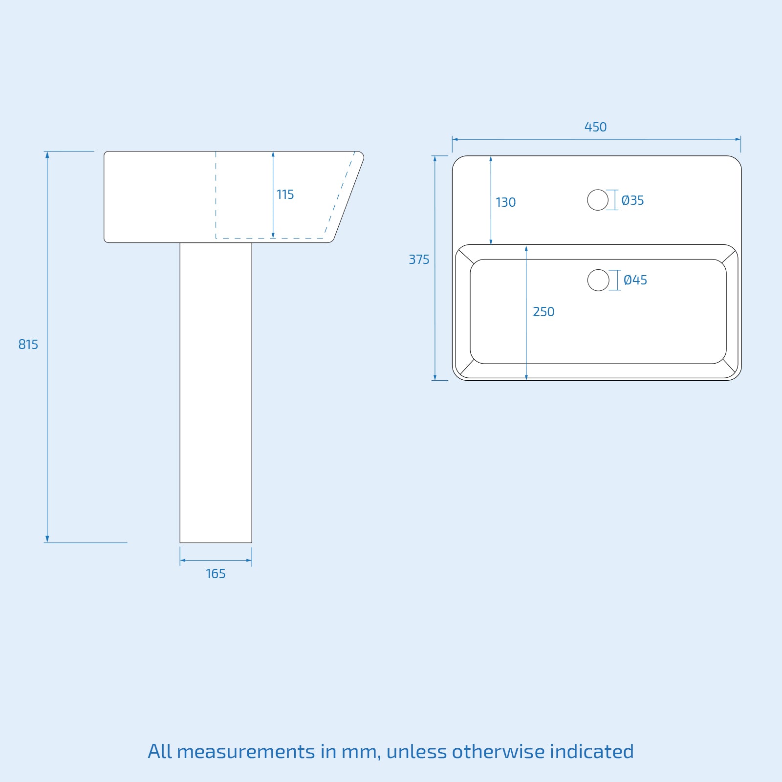 White 450mm Square Modern Full Pedestal Basin