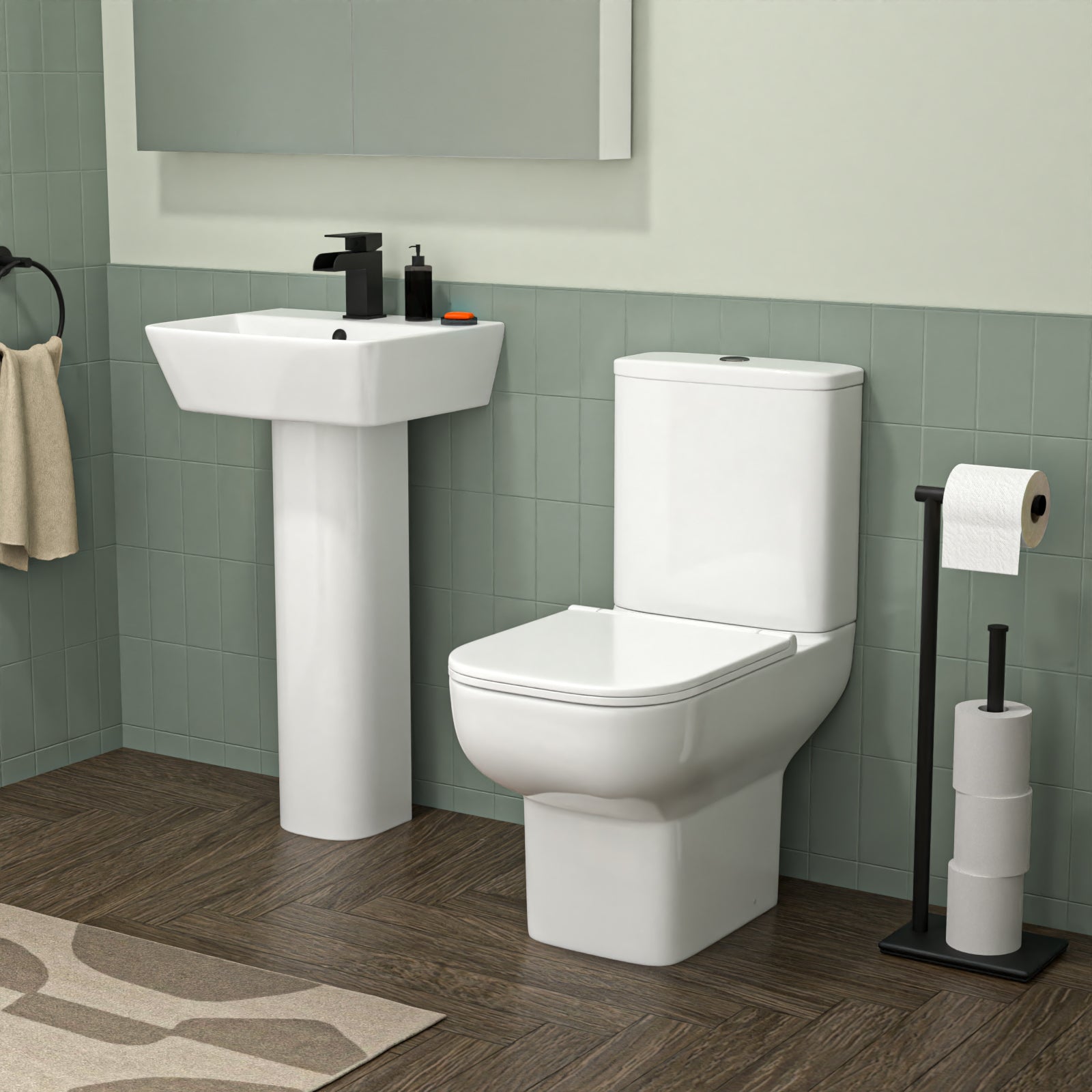Aris 1500mm Bathroom Suite - Square Pedestal Basin with Close Coupled Toilet, Shower Bath and Taps Set