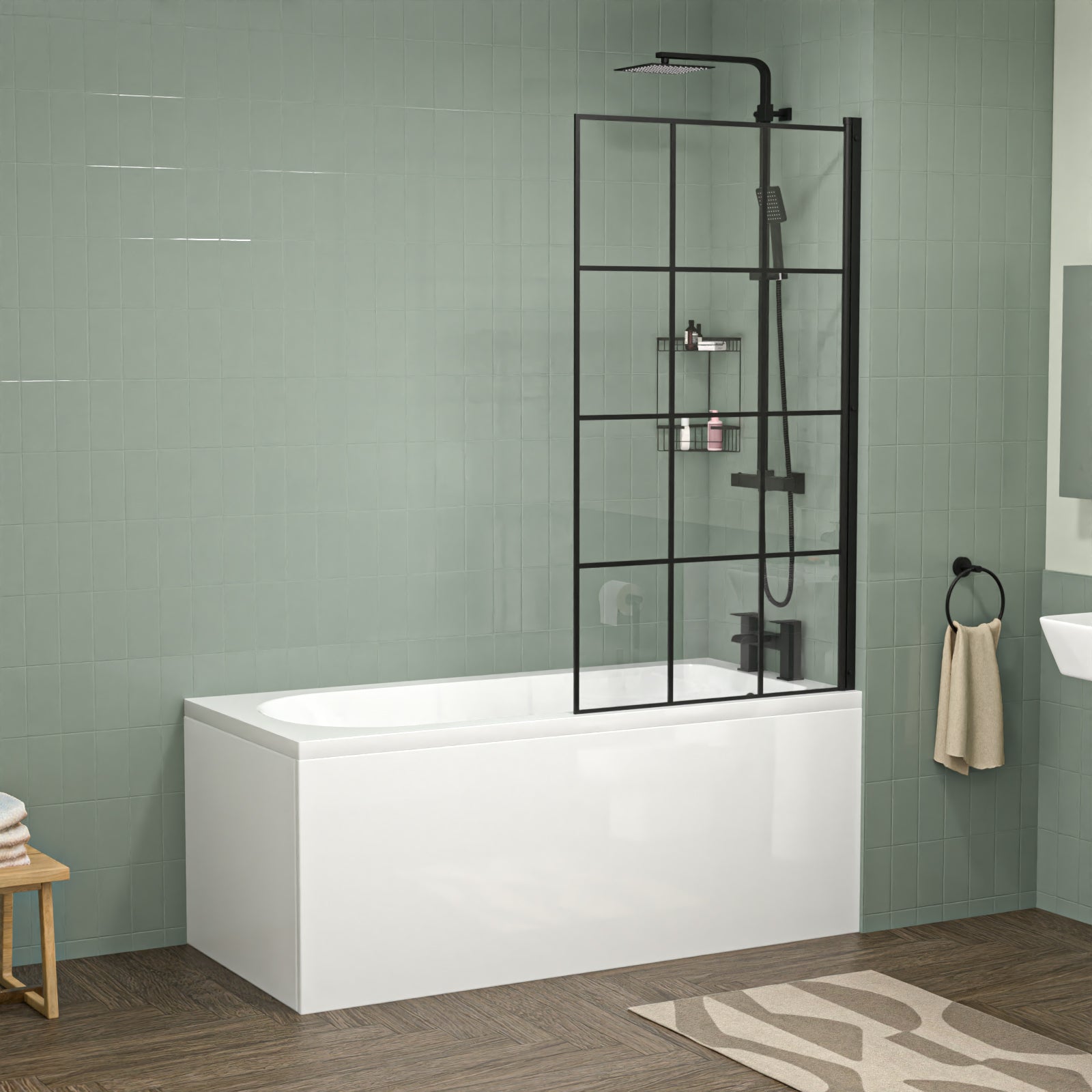 Aris 1500mm Bathroom Suite - Square Pedestal Basin with Close Coupled Toilet, Shower Bath and Taps Set