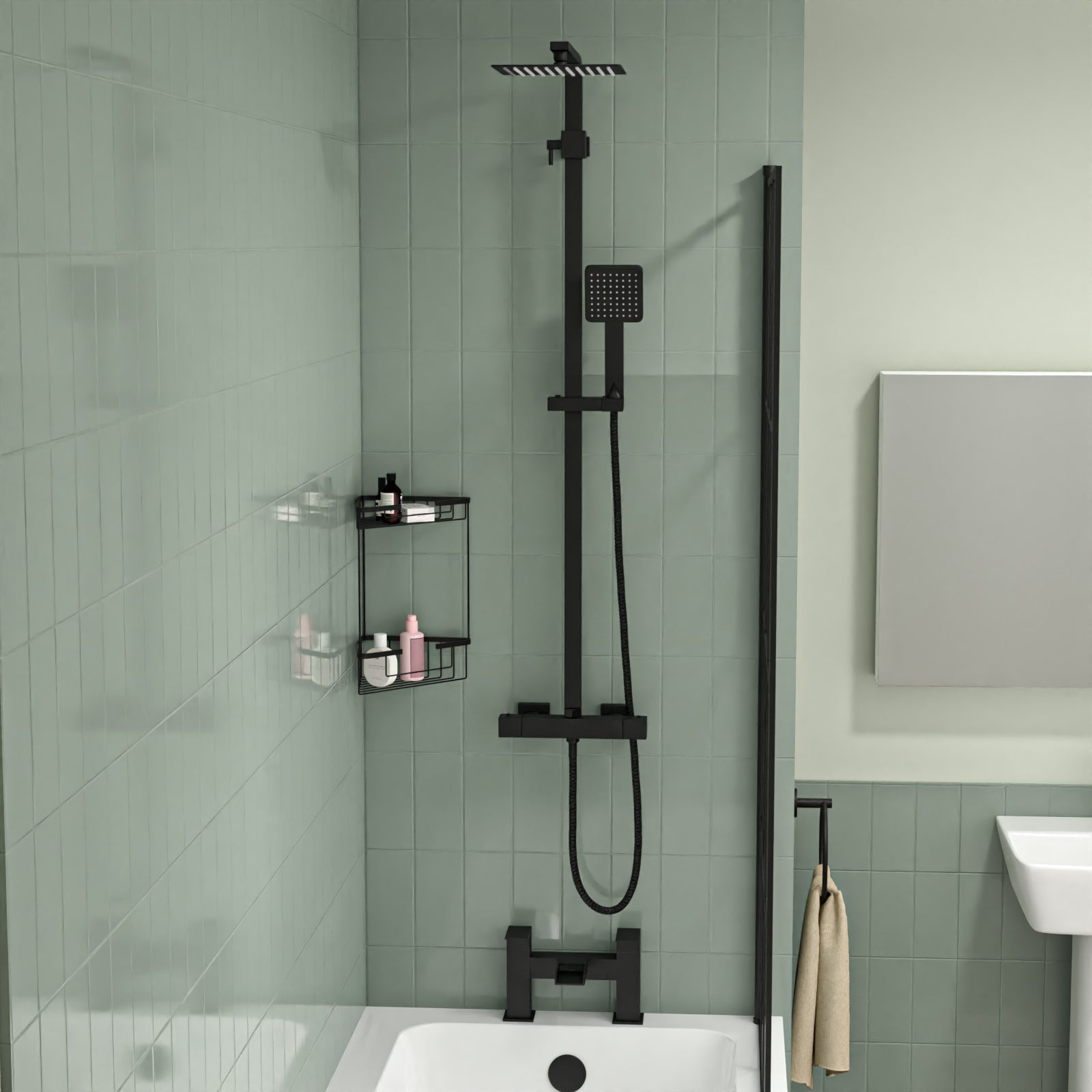 Aris 1500mm Bathroom Suite - Square Pedestal Basin with Close Coupled Toilet, Shower Bath and Taps Set