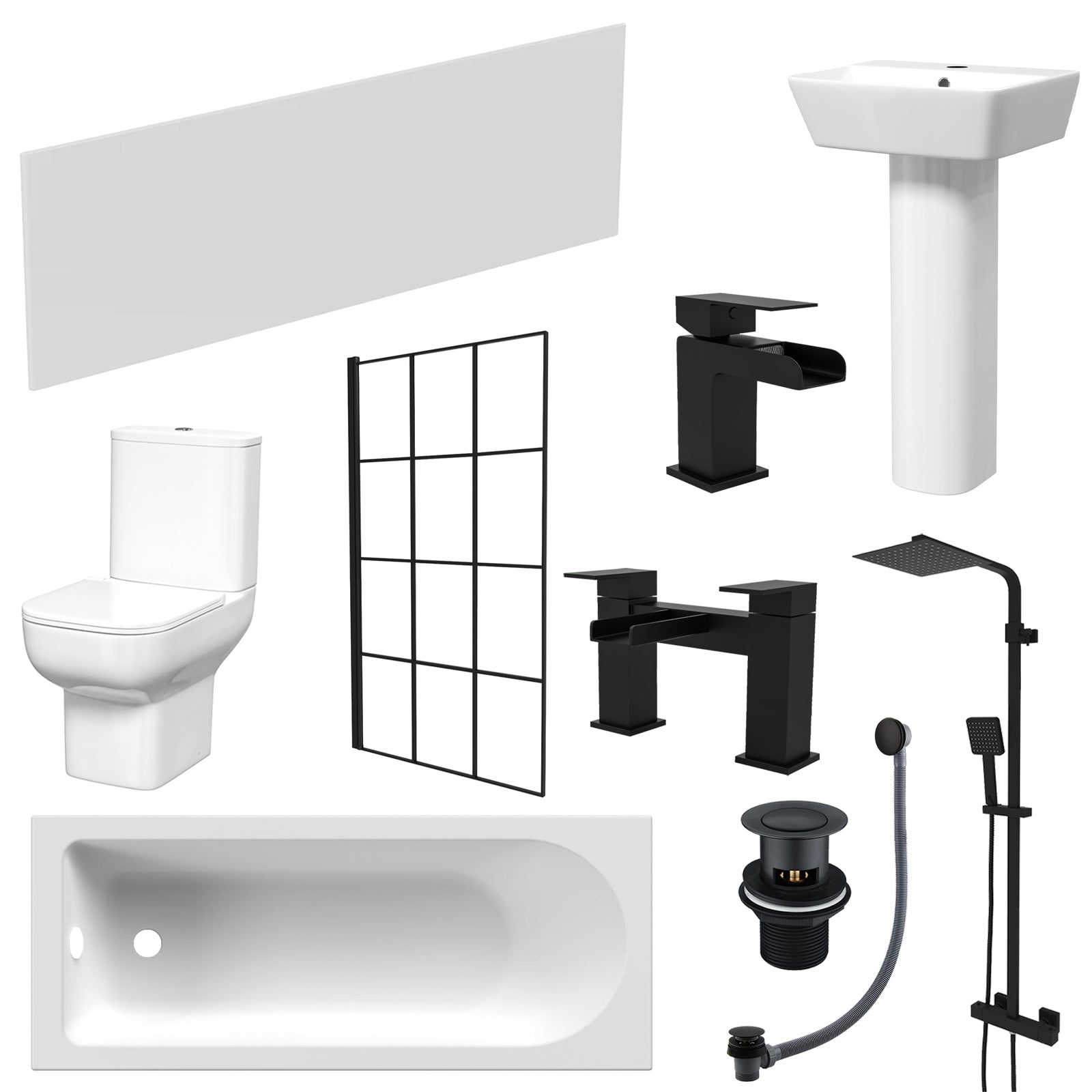Aris 1500mm Bathroom Suite - Square Pedestal Basin with Close Coupled Toilet, Shower Bath and Taps Set