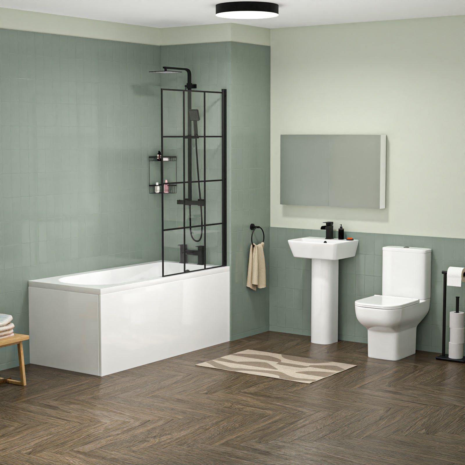 Aris 1500mm Bathroom Suite - Square Pedestal Basin with Close Coupled Toilet, Shower Bath and Taps Set