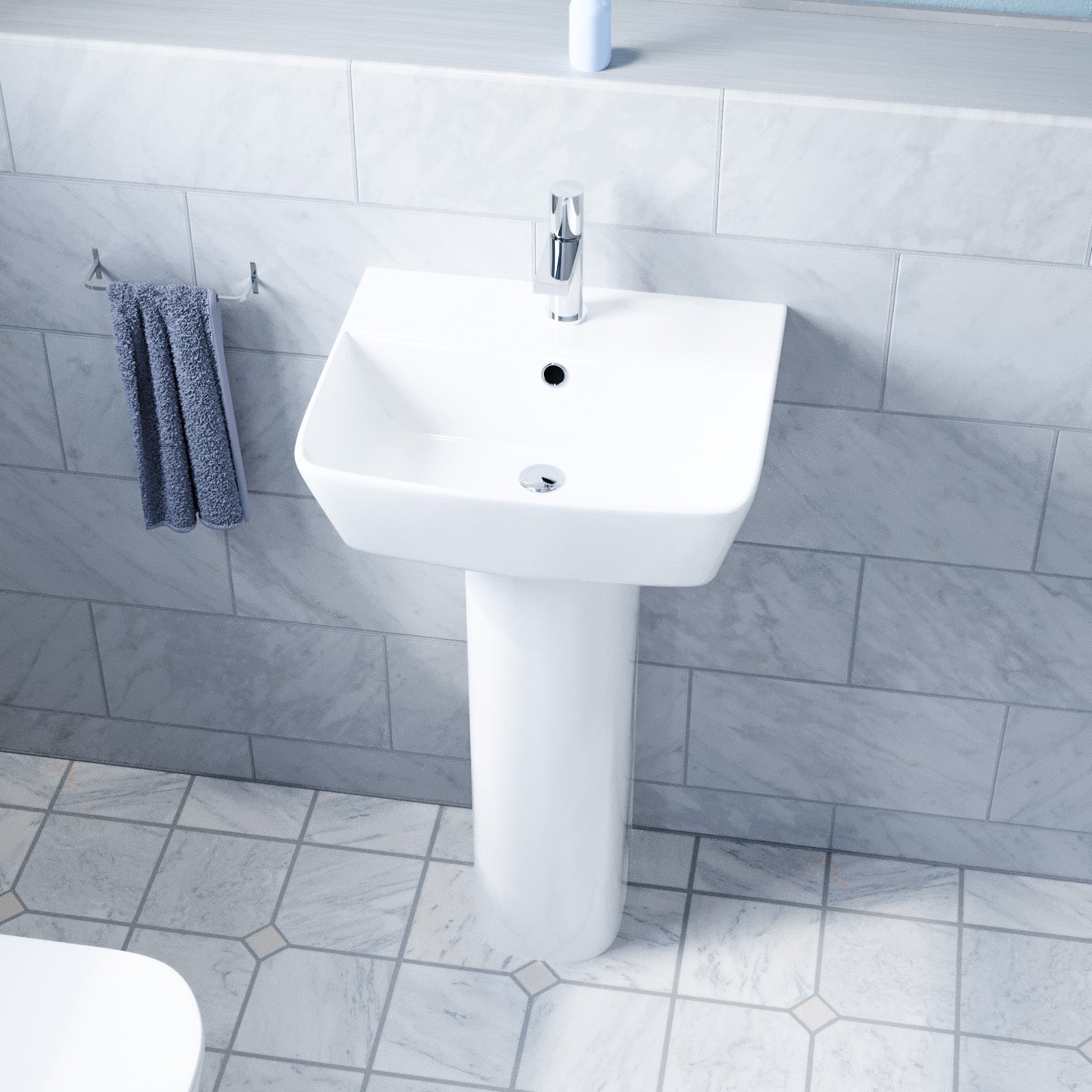 White 450mm Square Modern Full Pedestal Basin with Modern Toilet
