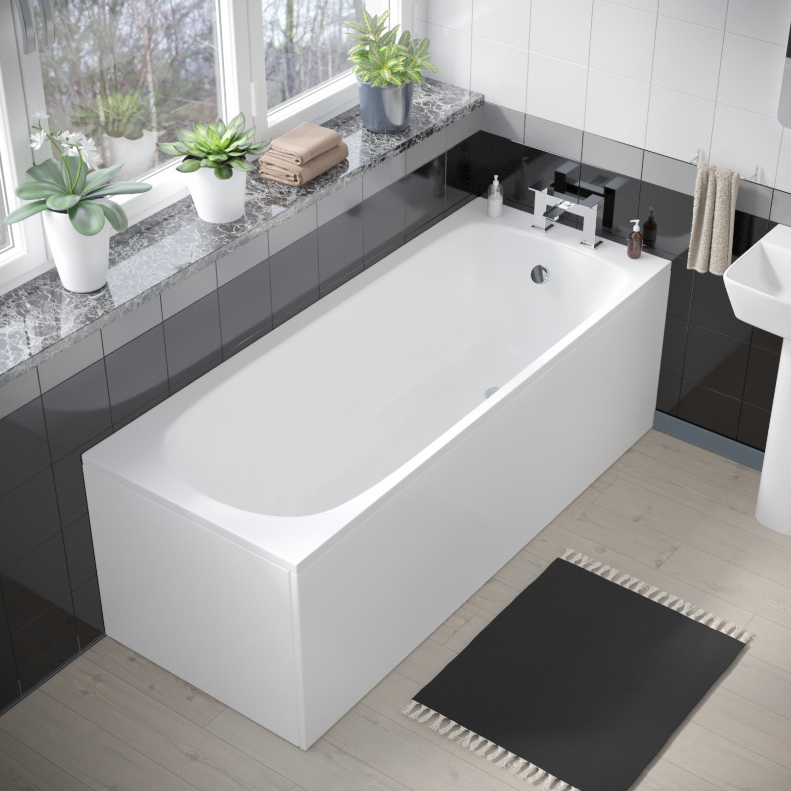 Aris 1700mm Bathroom Suite with Bath, Panel & 450mm Square Pedestal Basin