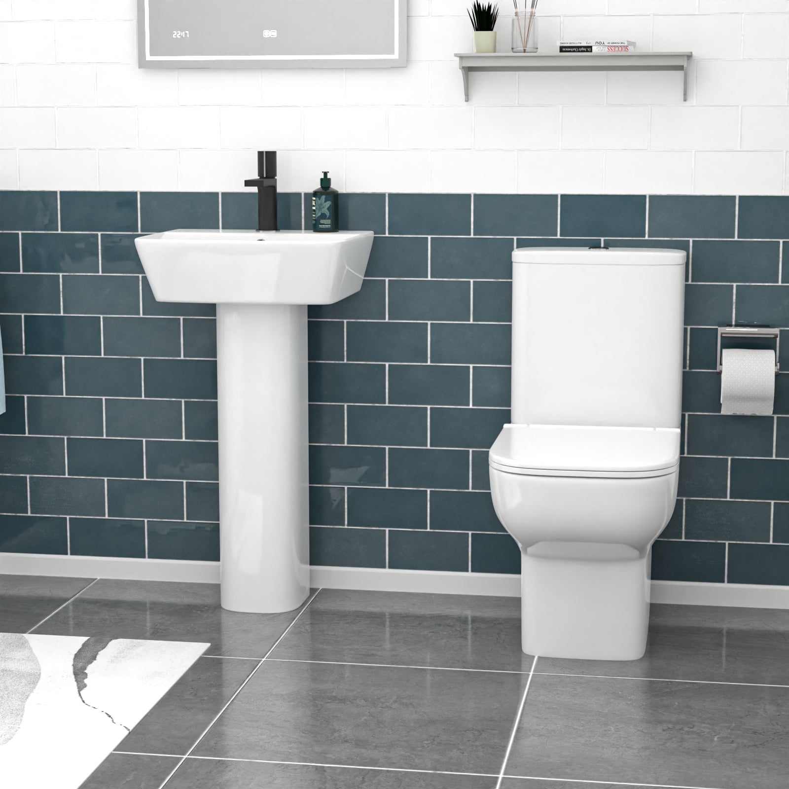 White 450mm Square Modern Full Pedestal Basin with Toilet