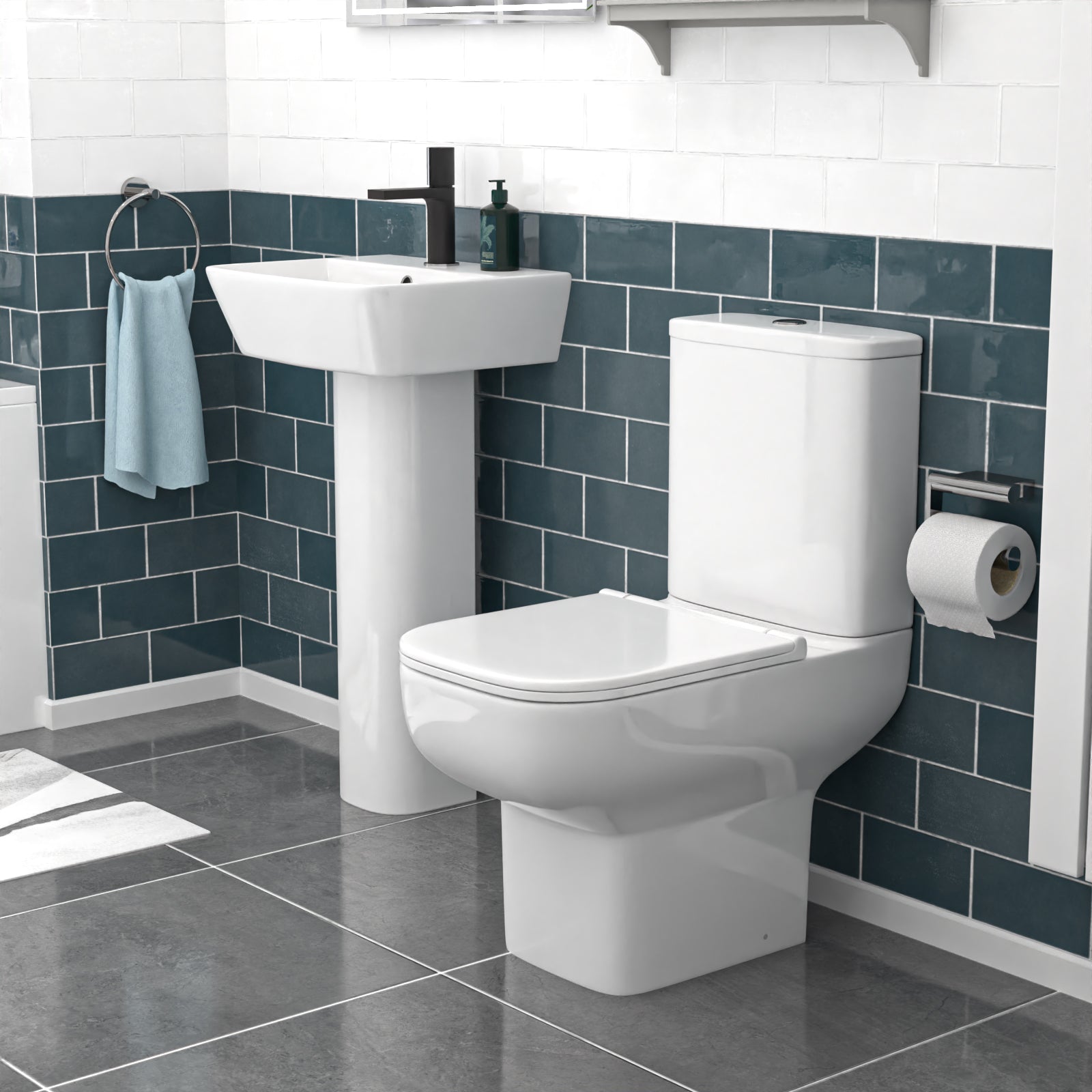 White 450mm Square Modern Full Pedestal Basin with Toilet