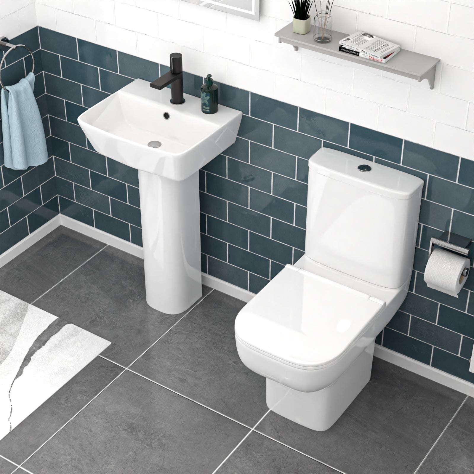 White 450mm Square Modern Full Pedestal Basin with Toilet