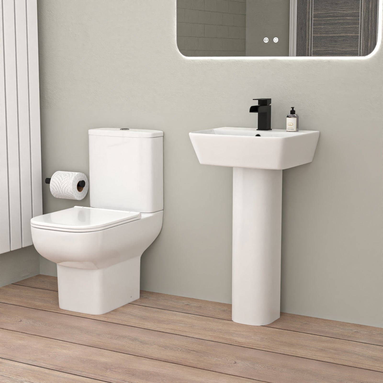 White 450mm Square Modern Pedestal Basin Toilet Shower Bath Taps Set
