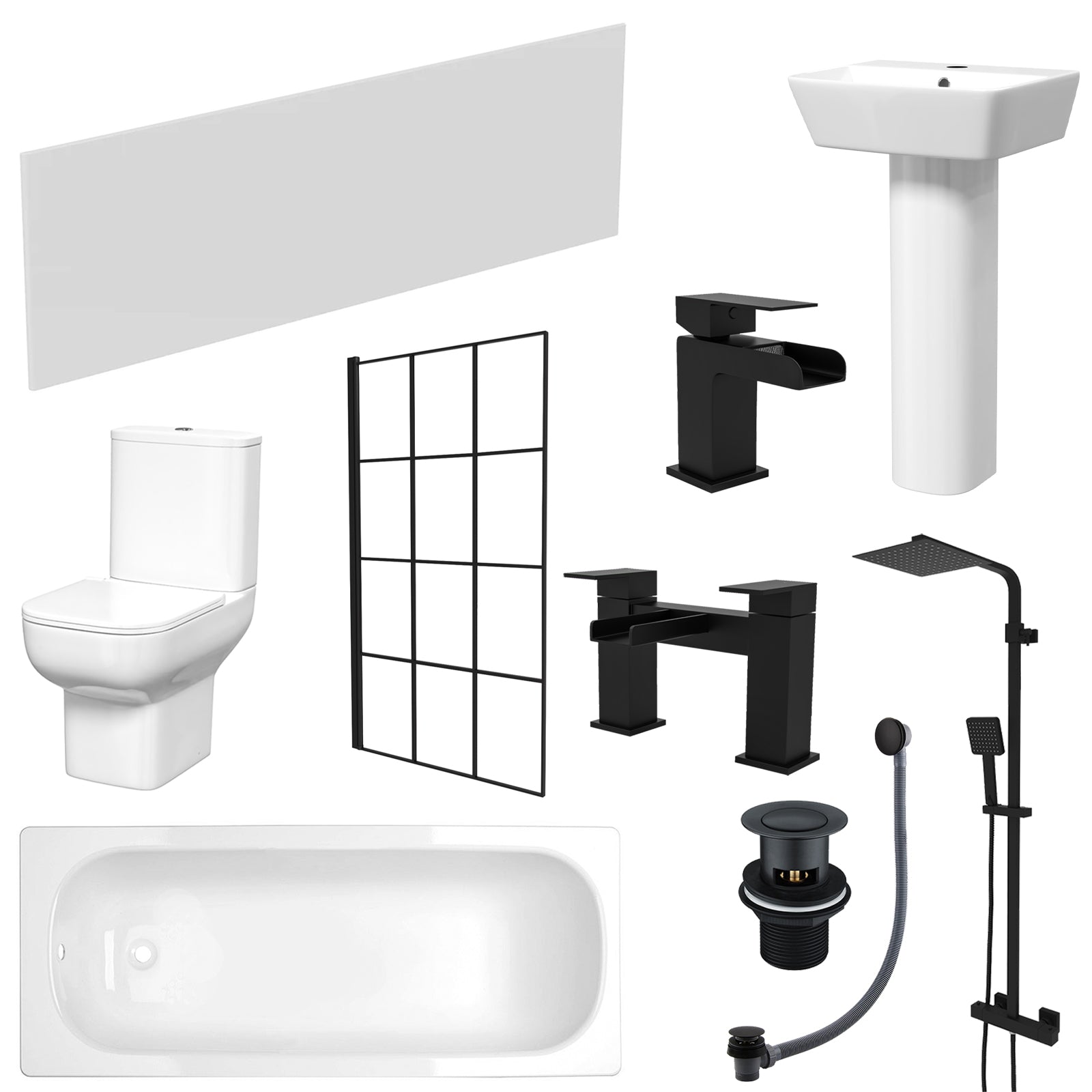 White 450mm Square Modern Pedestal Basin Toilet Shower Bath Taps Set