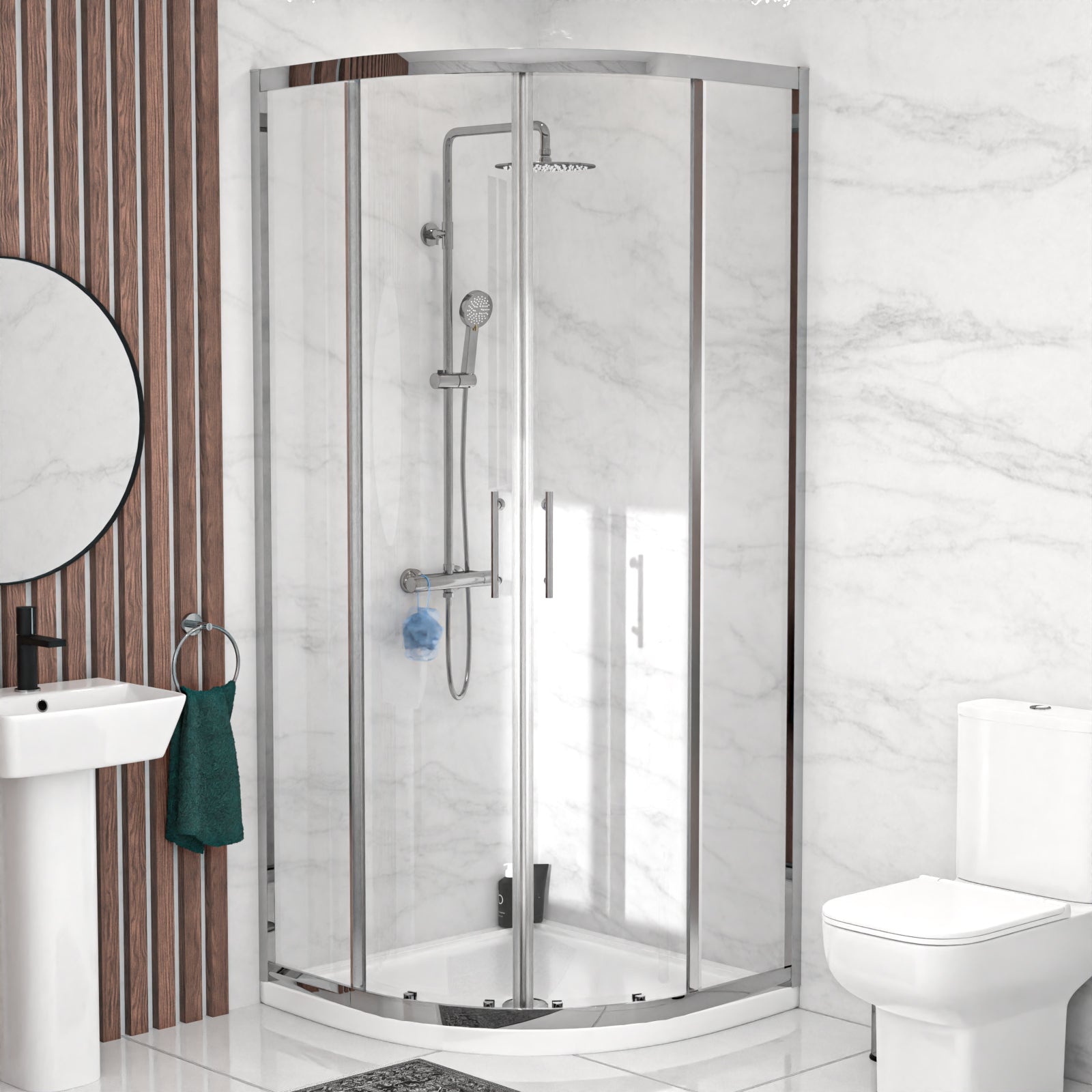 Aris 900mm Bathroom Suite with Quadrant Enclosure & Square 500mm Pedestal Basin