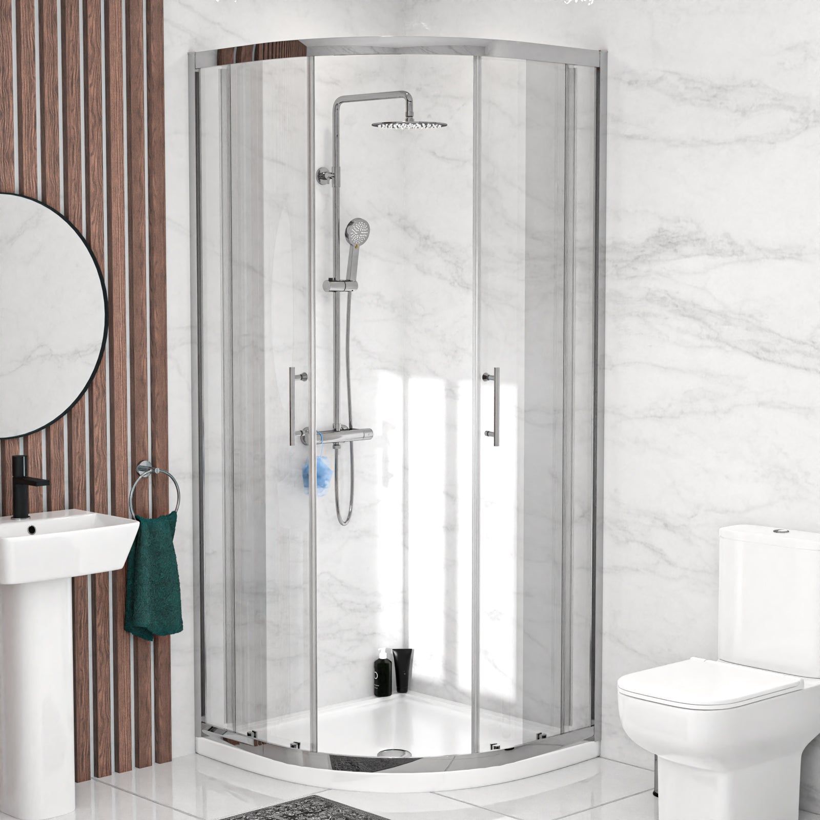 Aris 900mm Bathroom Suite with Quadrant Enclosure & Square 560mm Pedestal Basin