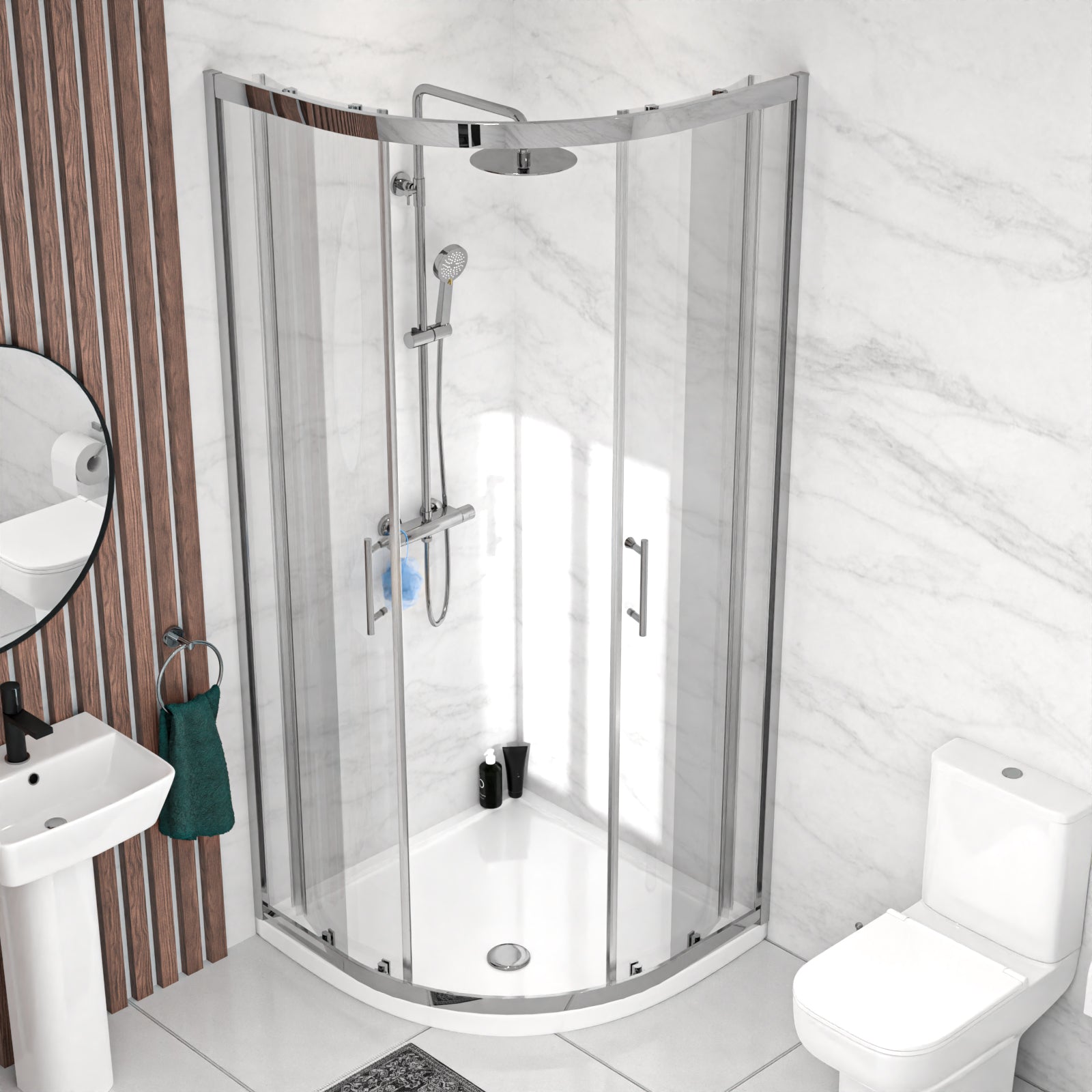Aris 900mm Bathroom Suite with Quadrant Enclosure & Square 500mm Pedestal Basin