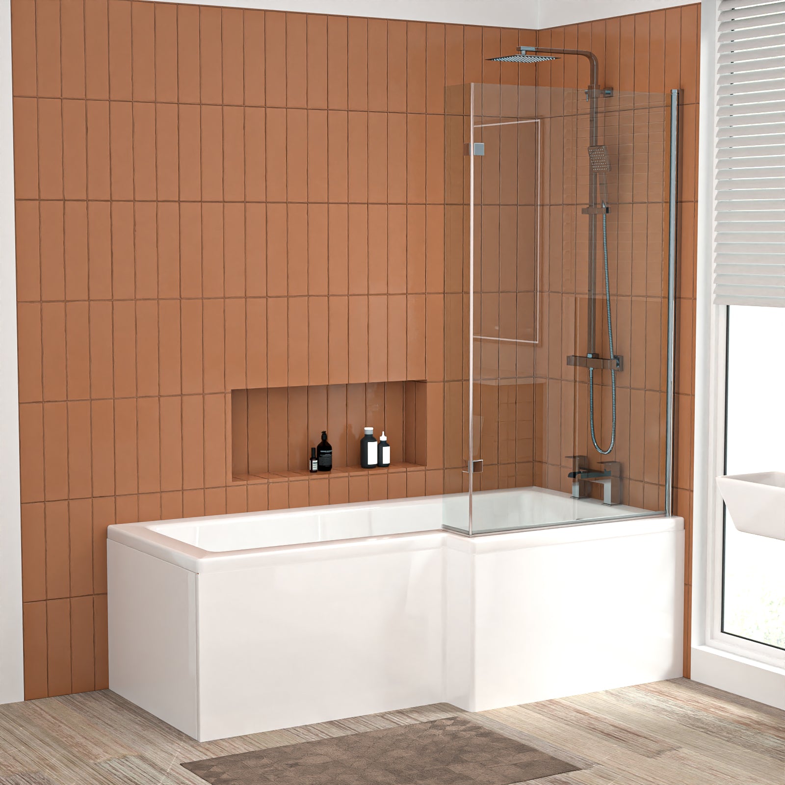 Aris 1700mm Complete Bathroom Suite with L-Shaped Shower Bath & Taps Set