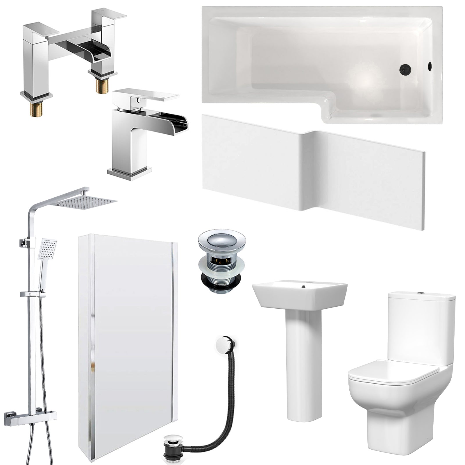 White 450mm Square Modern Pedestal Basin Toilet Shower Bath Taps Set