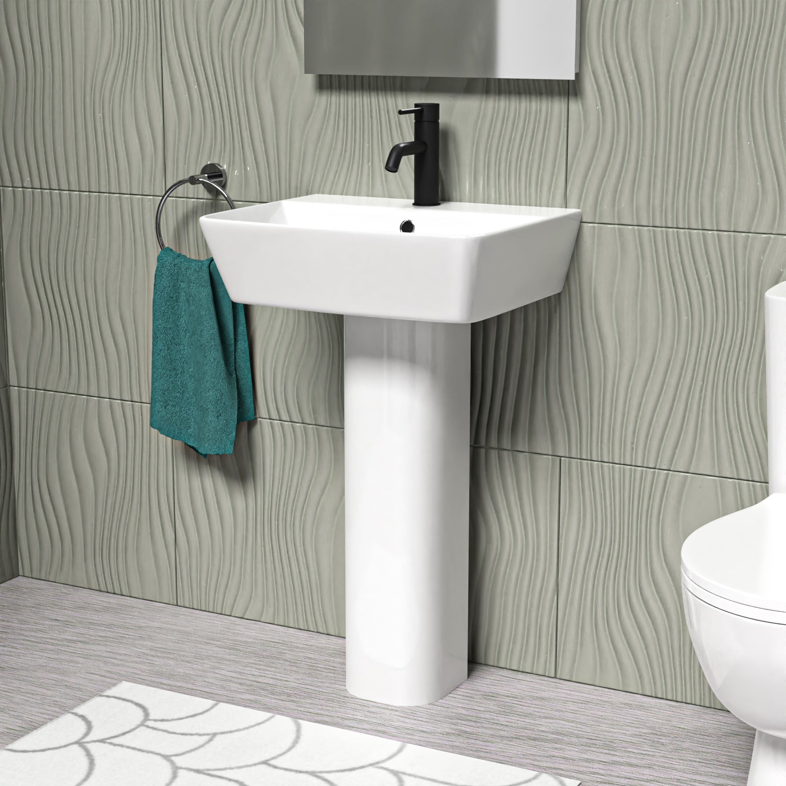 White 500mm Square Modern Full Pedestal Basin