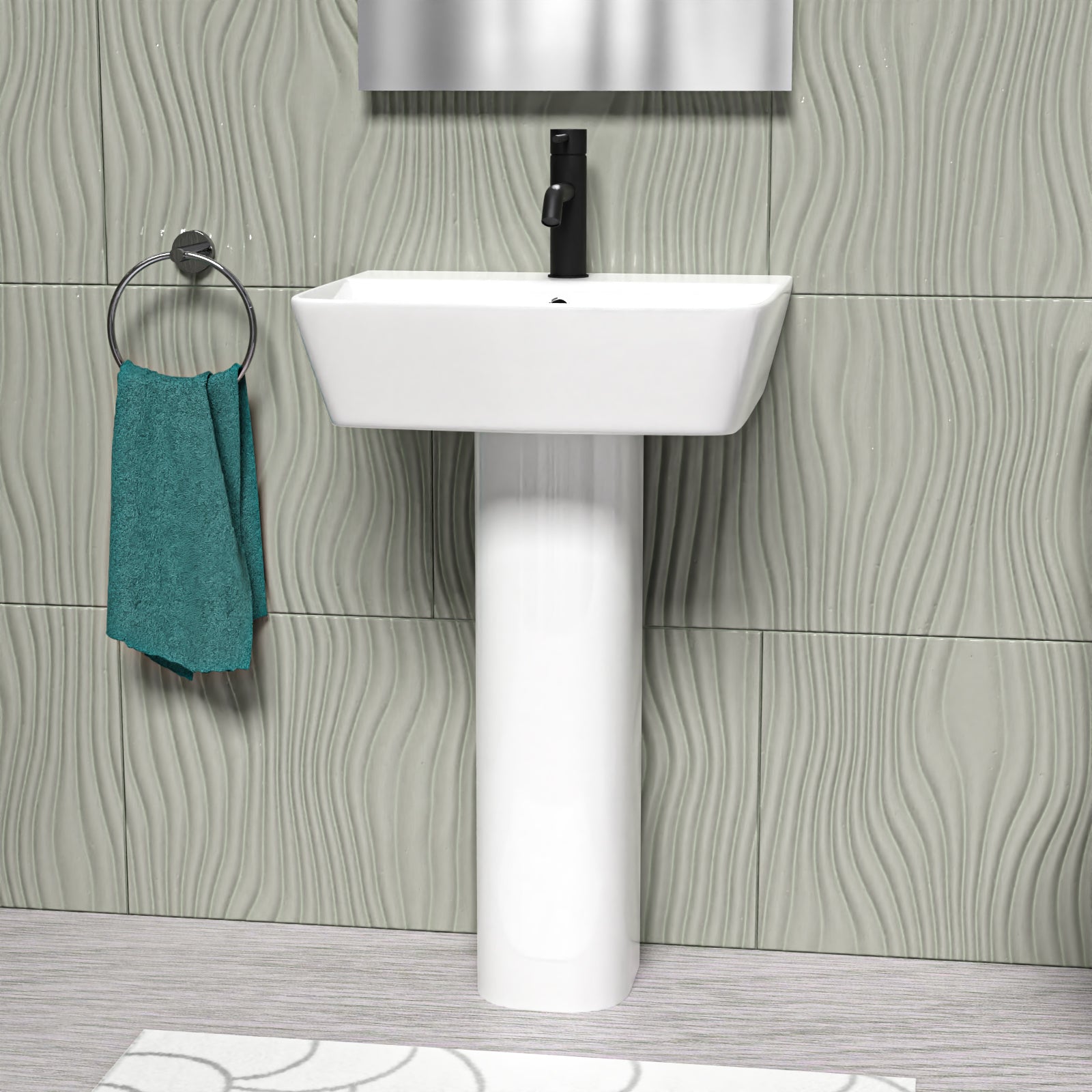 White 500mm Square Modern Full Pedestal Basin