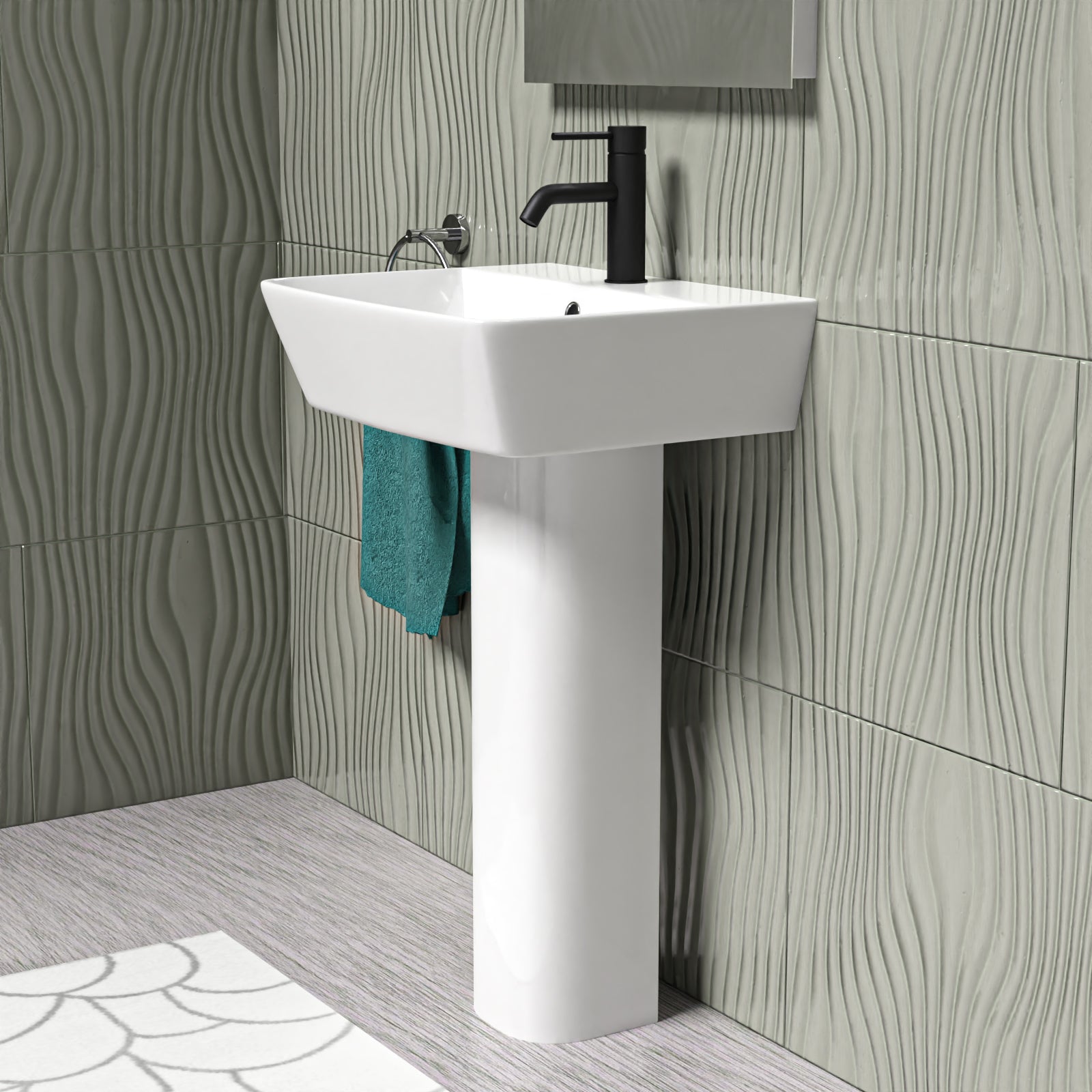 White 500mm Square Modern Full Pedestal Basin