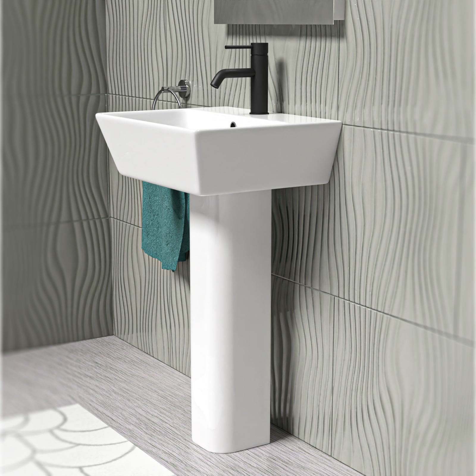 White 500mm Square Modern Full Pedestal Basin