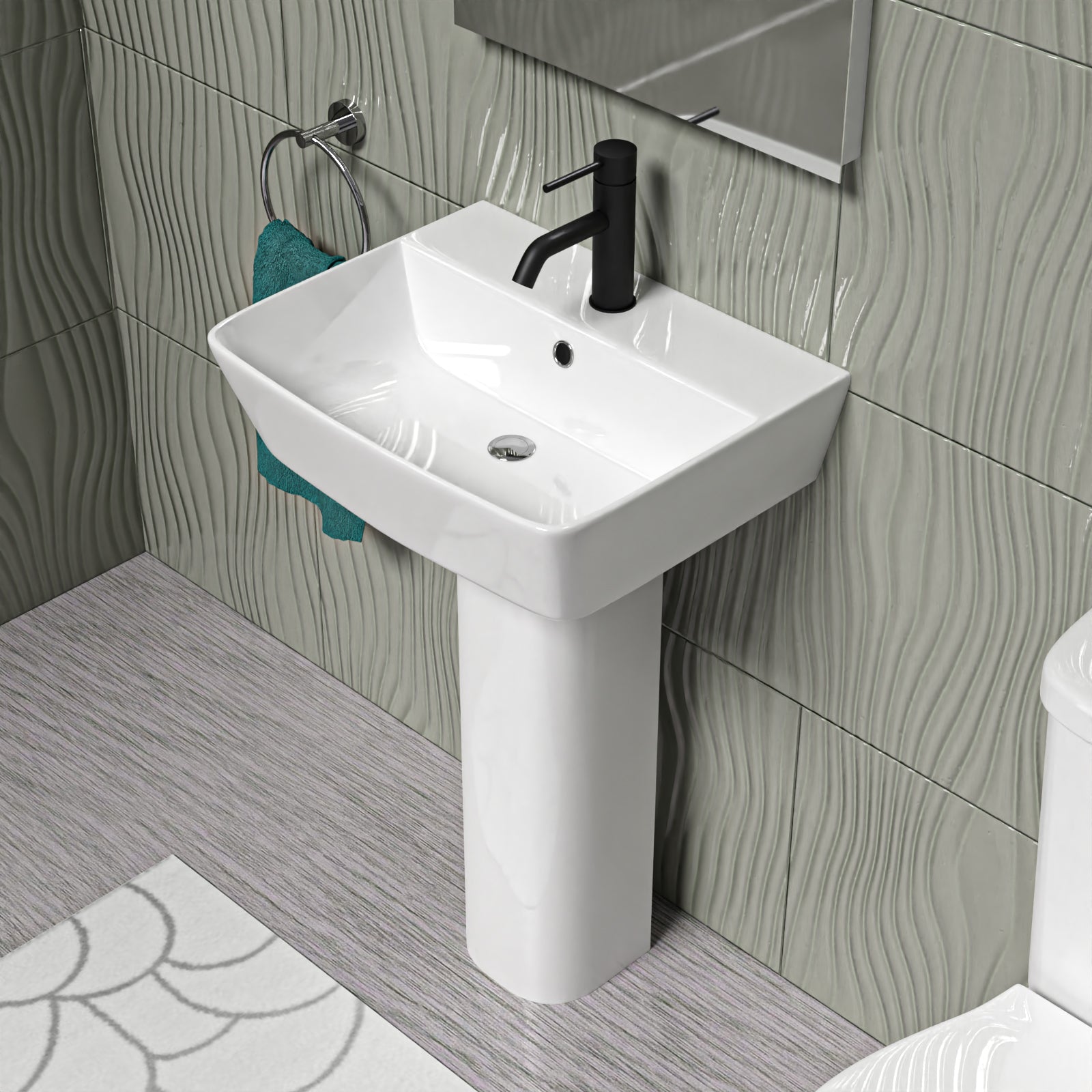 White 500mm Square Modern Full Pedestal Basin