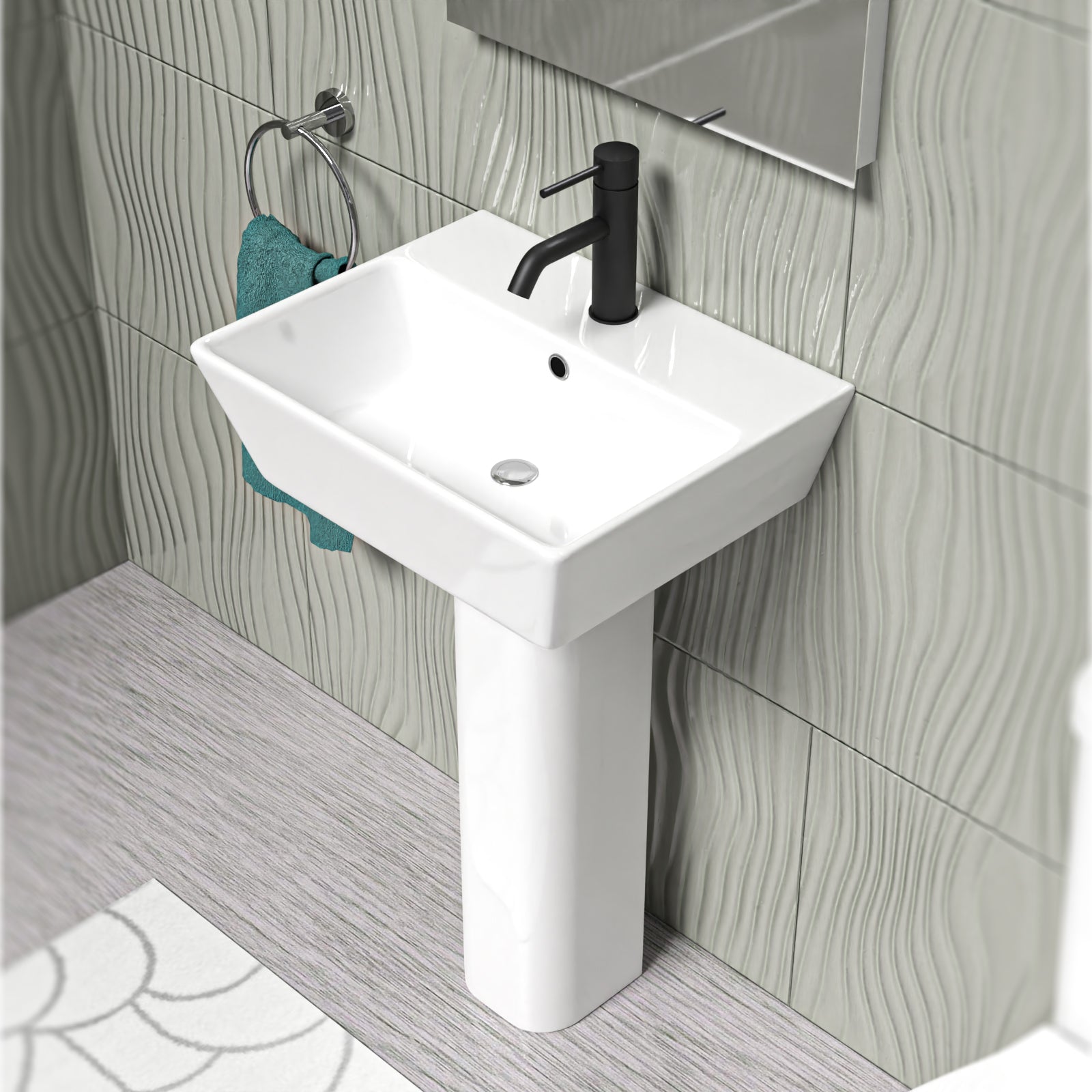 White 500mm Square Modern Full Pedestal Basin