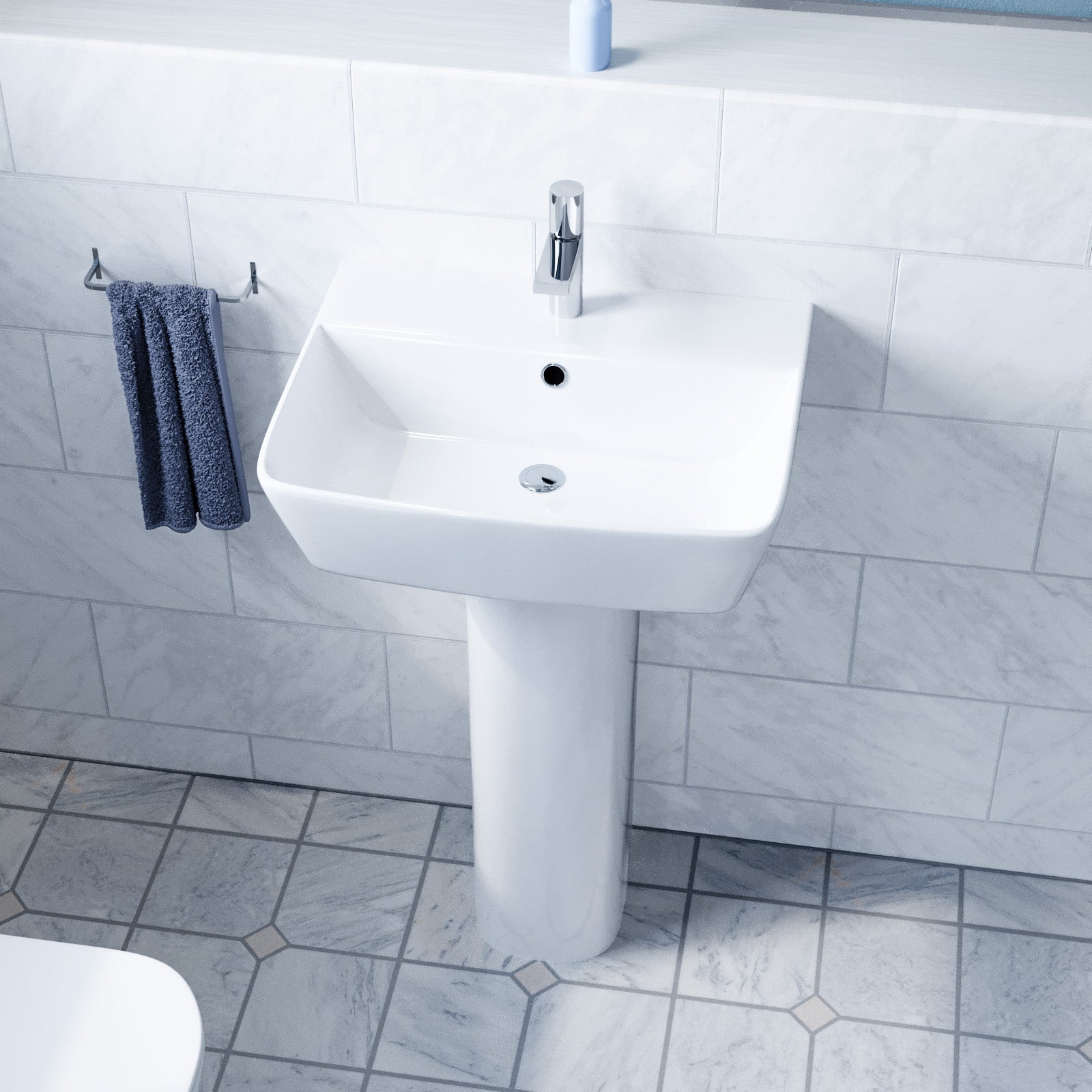 White 500mm Square Modern Full Pedestal Basin with Modern Toilet