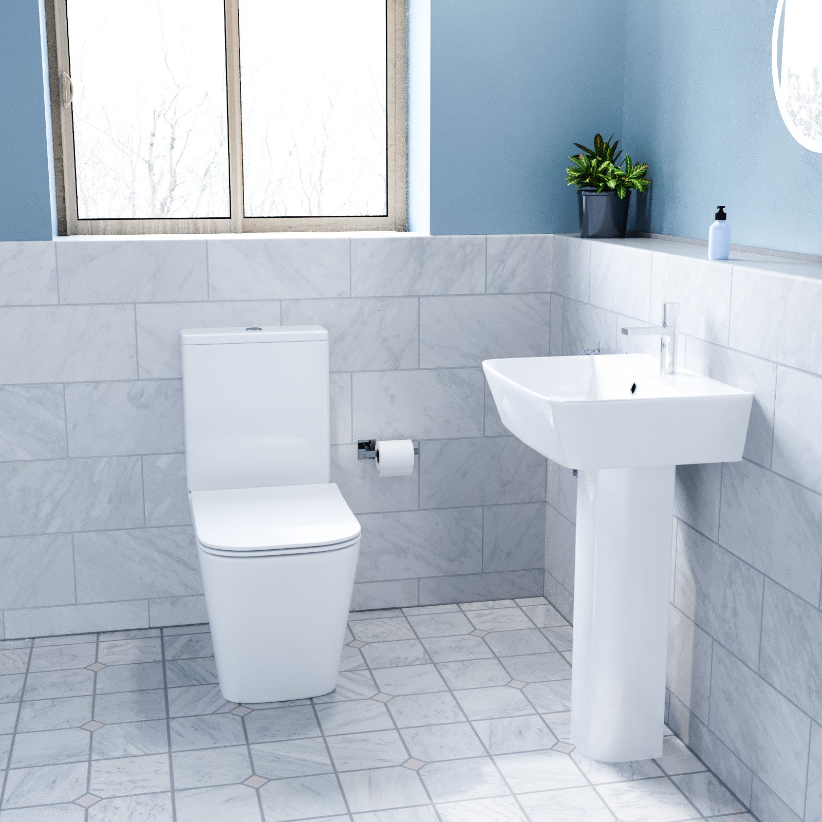 White 500mm Square Modern Full Pedestal Basin with Modern Toilet