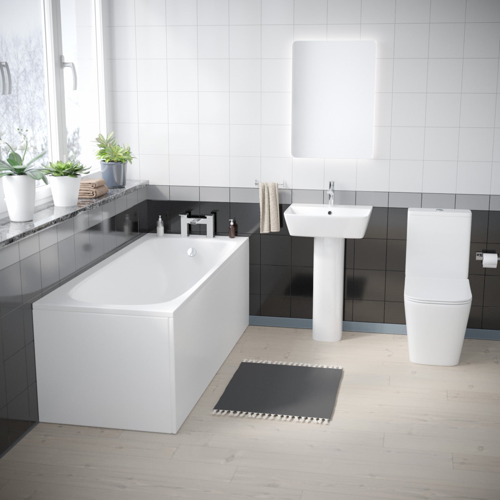 White 500mm Square Modern Full Pedestal Basin Toilet Bath & Bath Panel