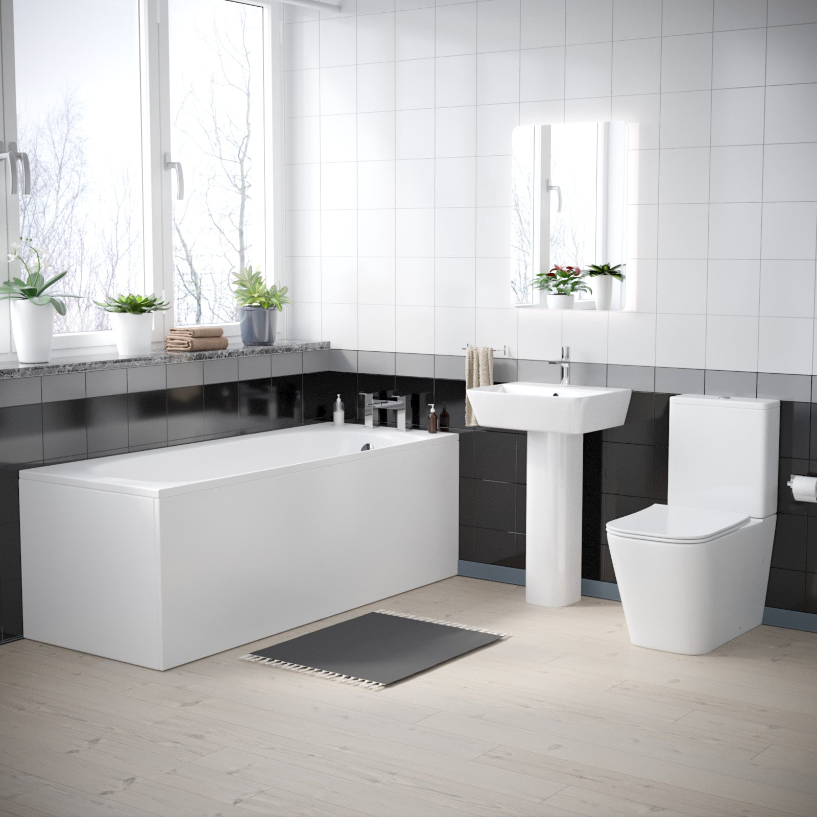 White 500mm Square Modern Full Pedestal Basin Toilet Bath & Bath Panel