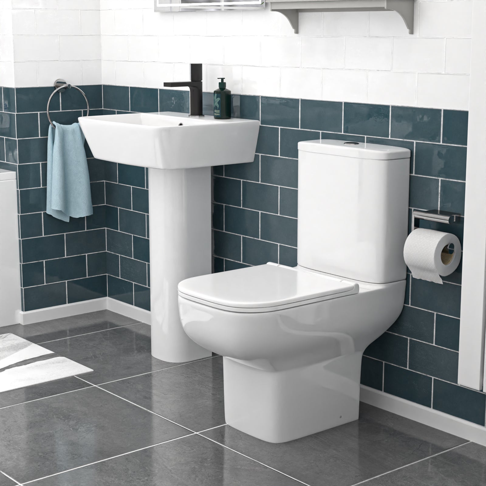 White 500mm Square Modern Full Pedestal Basin with Toilet