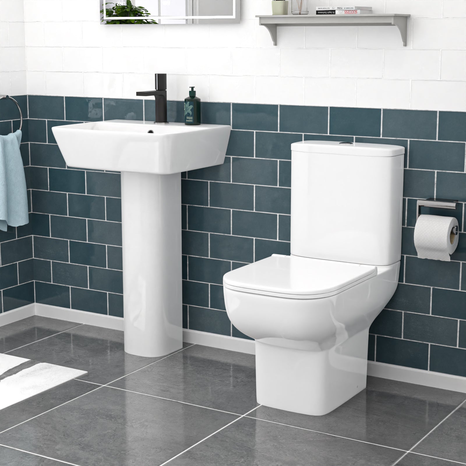 White 500mm Square Modern Full Pedestal Basin with Toilet